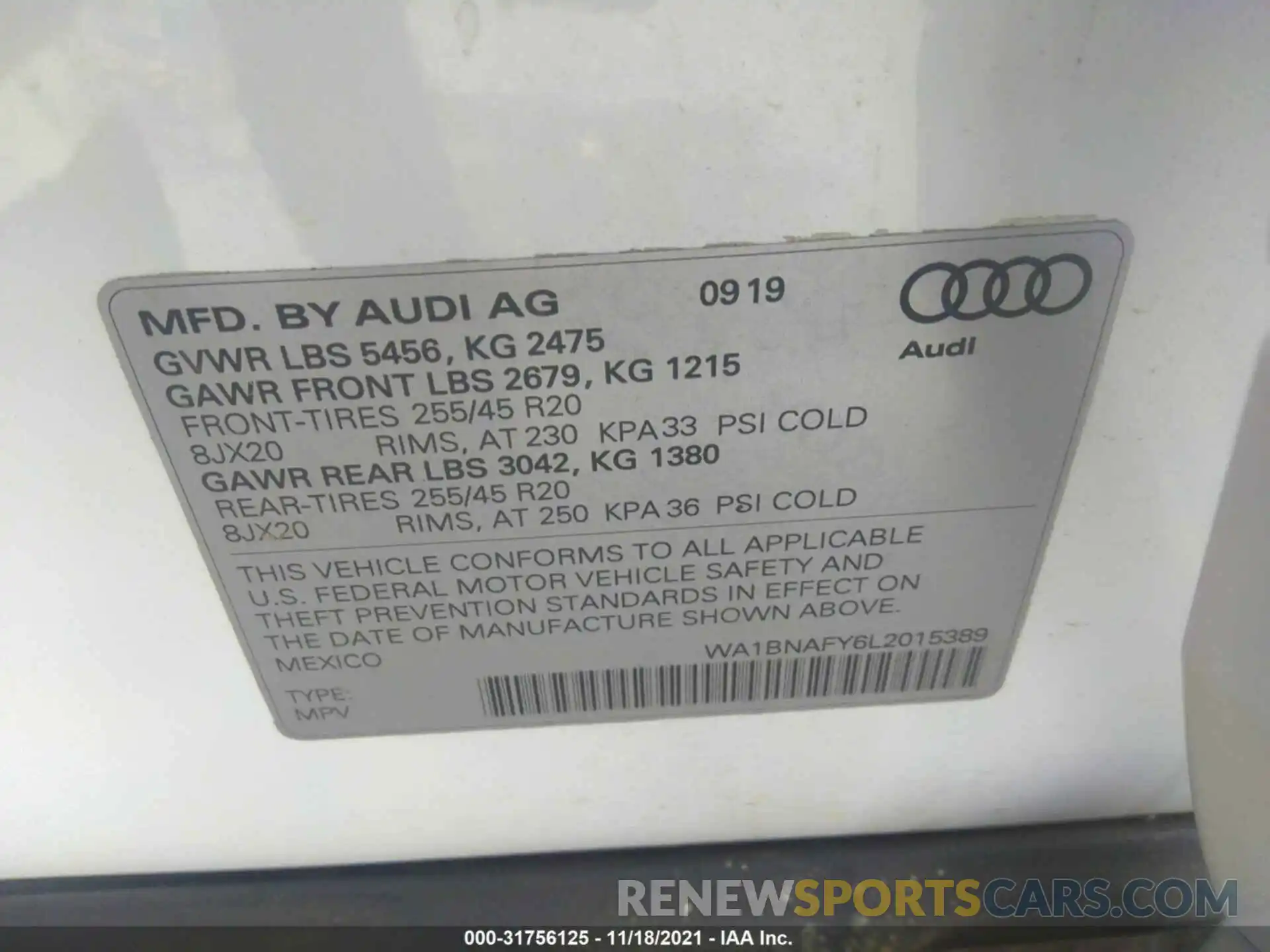 9 Photograph of a damaged car WA1BNAFY6L2015389 AUDI Q5 2020