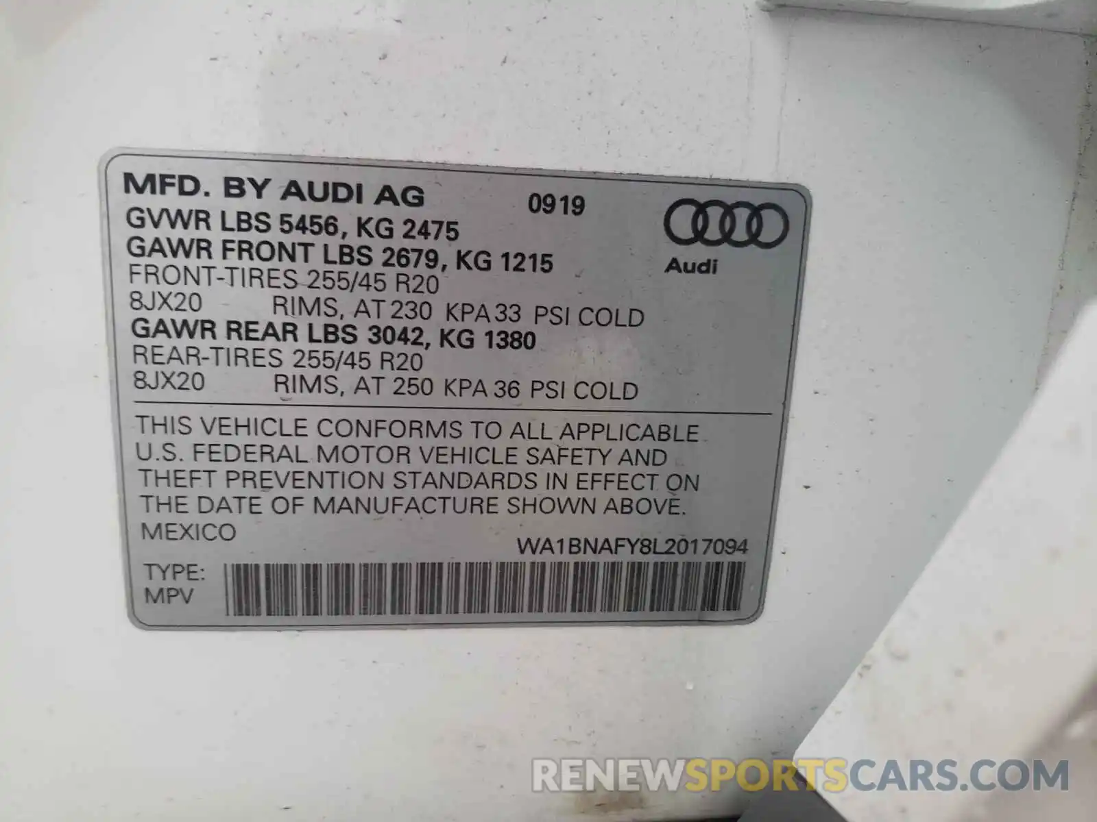 10 Photograph of a damaged car WA1BNAFY8L2017094 AUDI Q5 2020