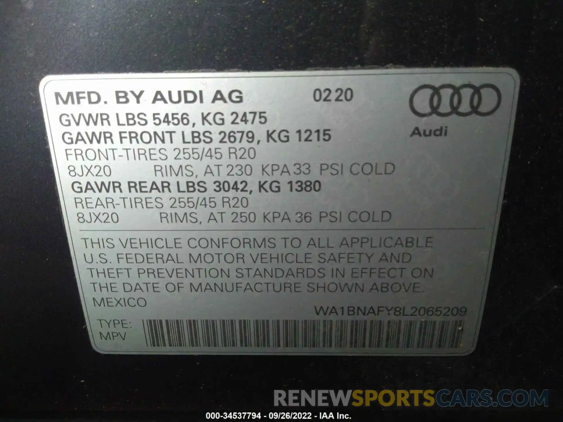 9 Фотография поврежденного автомобиля WA1BNAFY8L2065209 AUDI Q5 2020