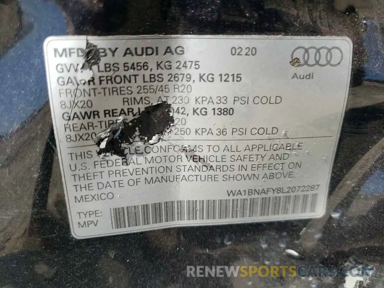 10 Photograph of a damaged car WA1BNAFY8L2072287 AUDI Q5 2020