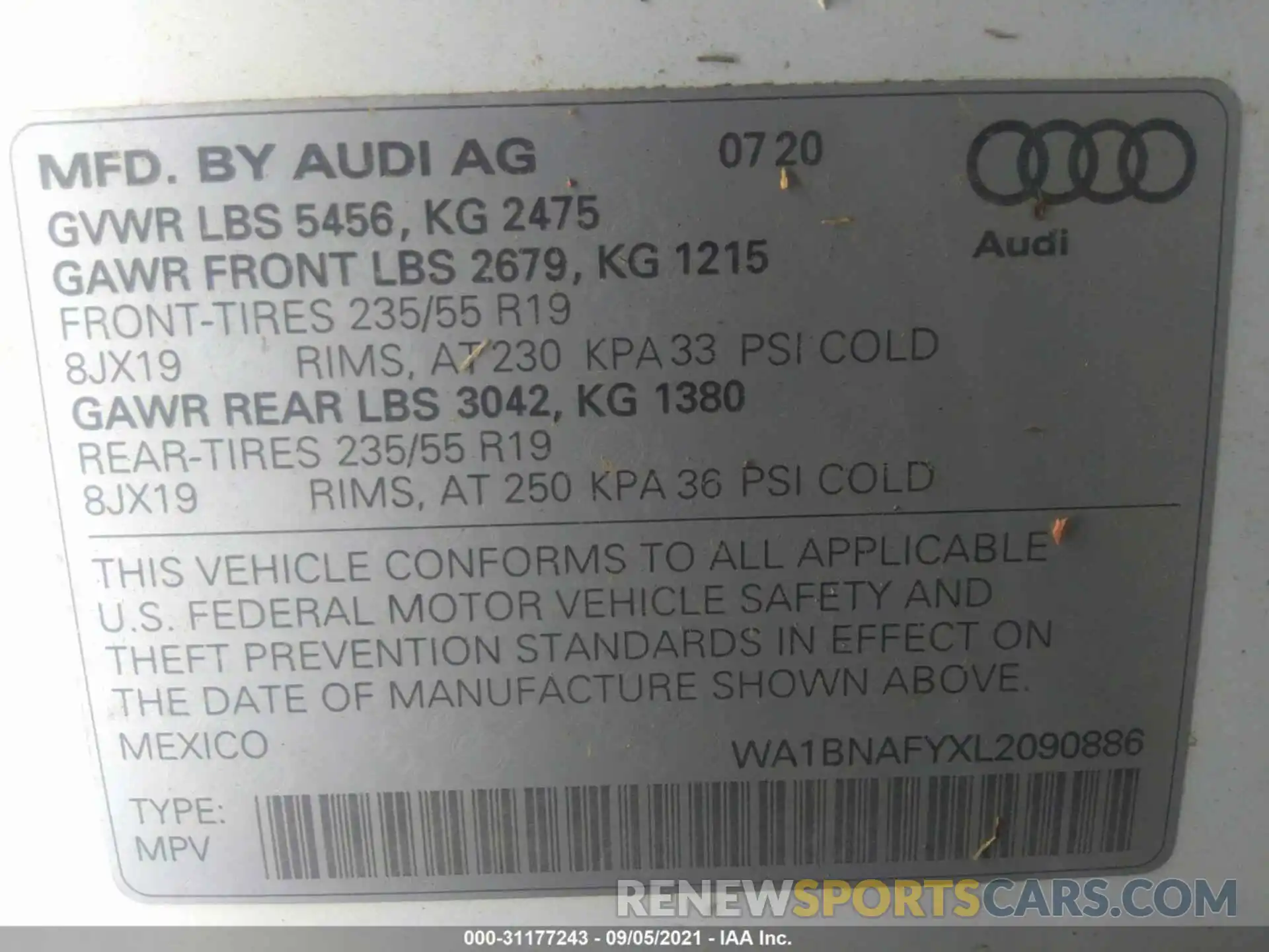 9 Фотография поврежденного автомобиля WA1BNAFYXL2090886 AUDI Q5 2020