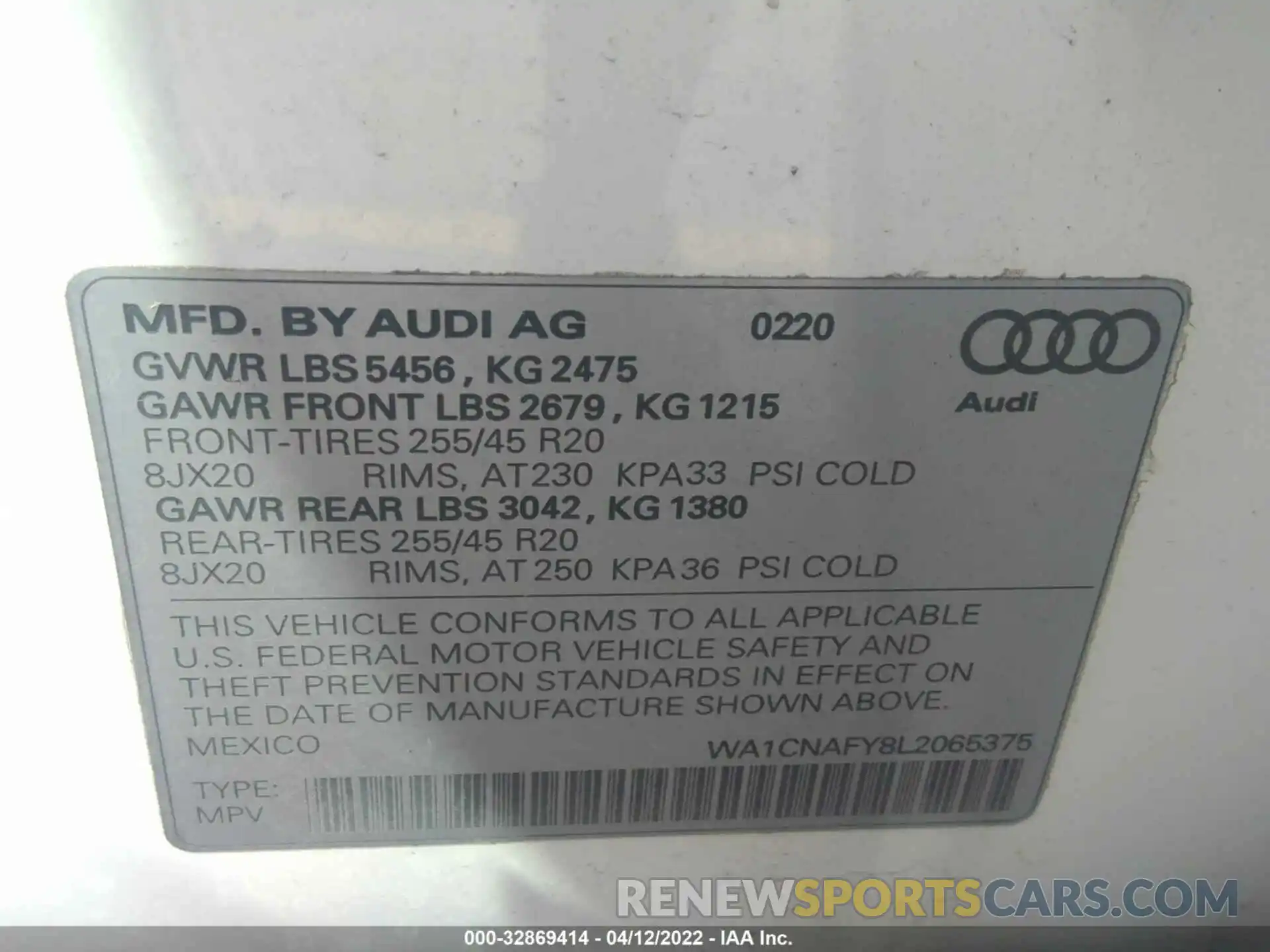 9 Photograph of a damaged car WA1CNAFY8L2065375 AUDI Q5 2020