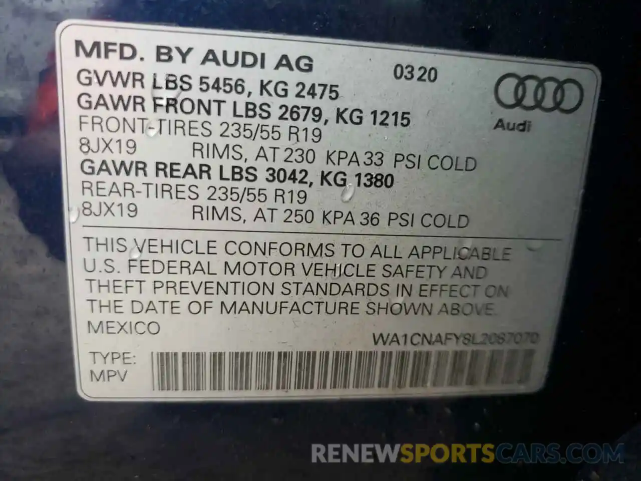 10 Photograph of a damaged car WA1CNAFY8L2087070 AUDI Q5 2020