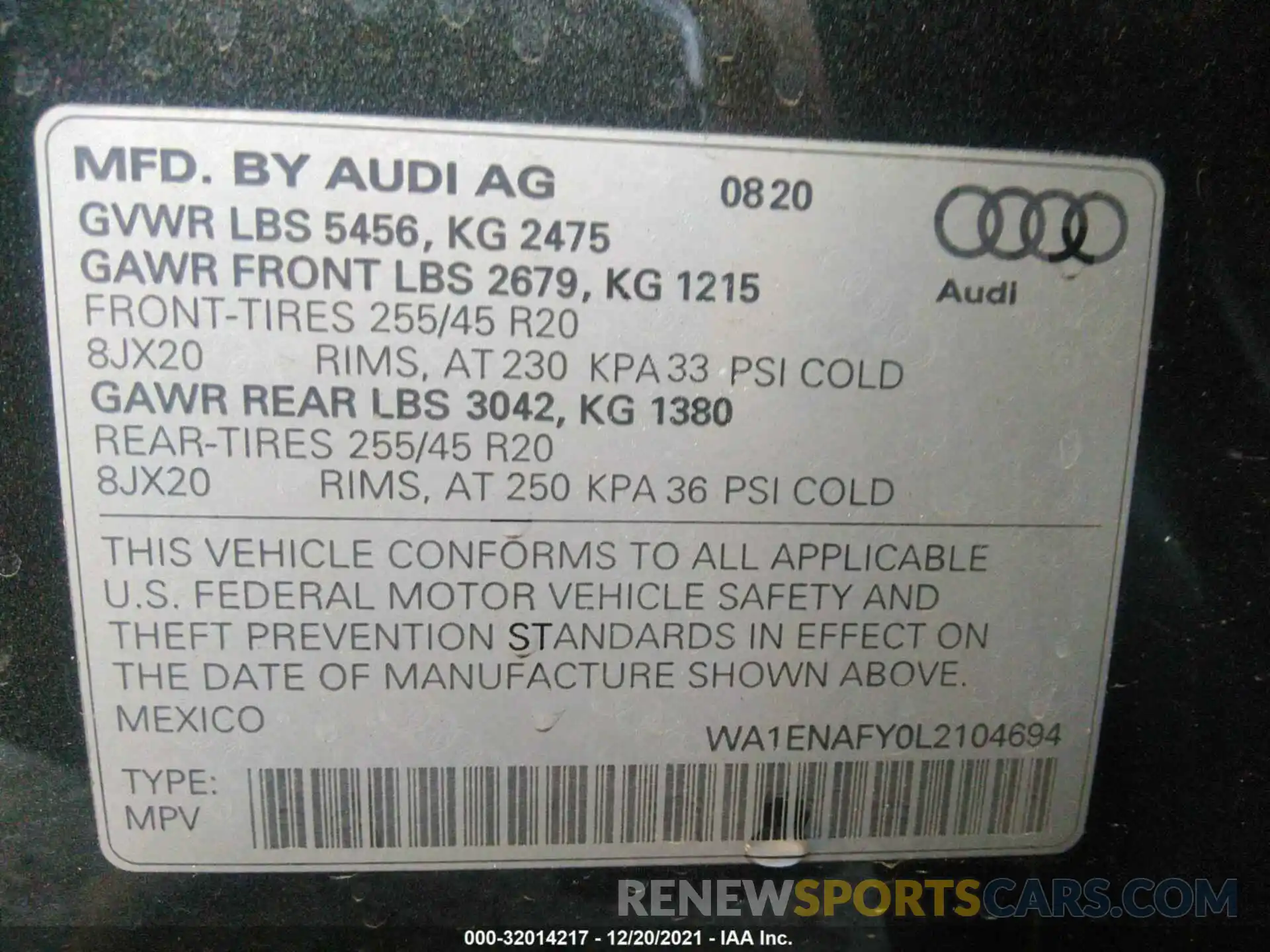 9 Photograph of a damaged car WA1ENAFY0L2104694 AUDI Q5 2020