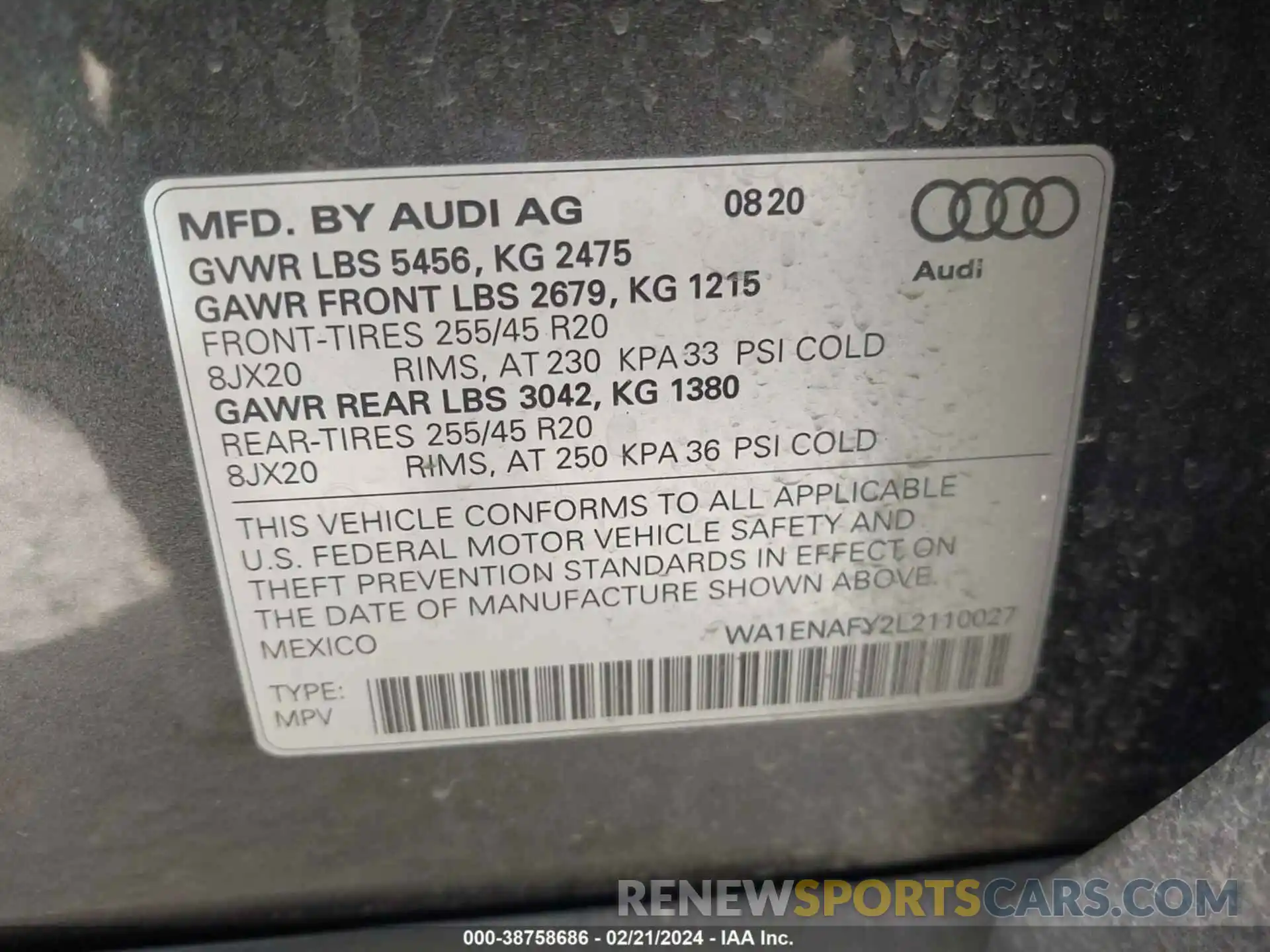 9 Фотография поврежденного автомобиля WA1ENAFY2L2110027 AUDI Q5 2020