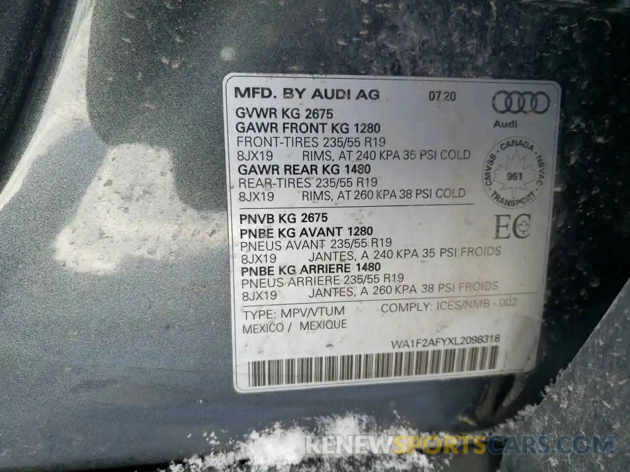 10 Photograph of a damaged car WA1F2AFYXL2098318 AUDI Q5 2020