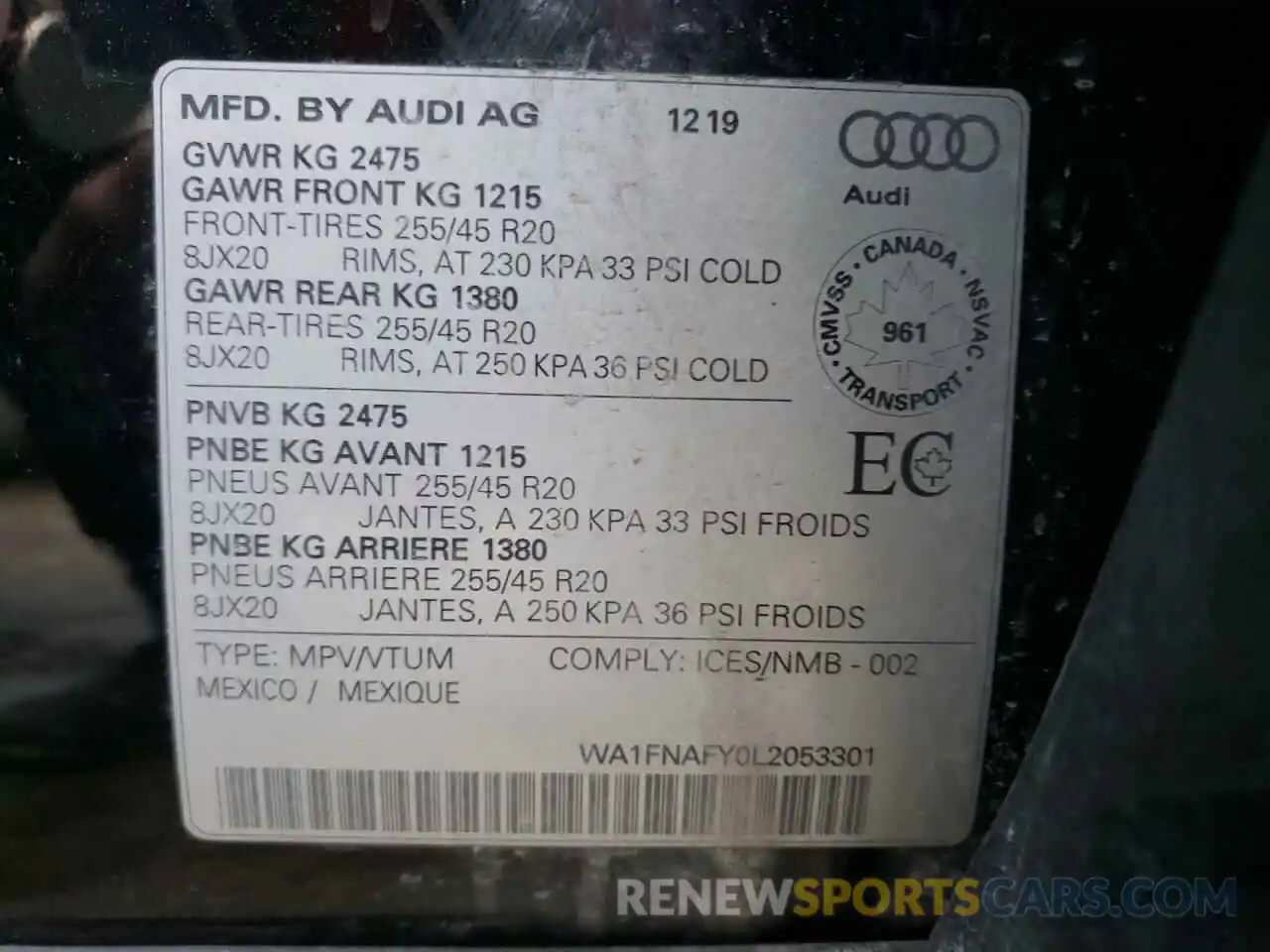 10 Photograph of a damaged car WA1FNAFY0L2053301 AUDI Q5 2020