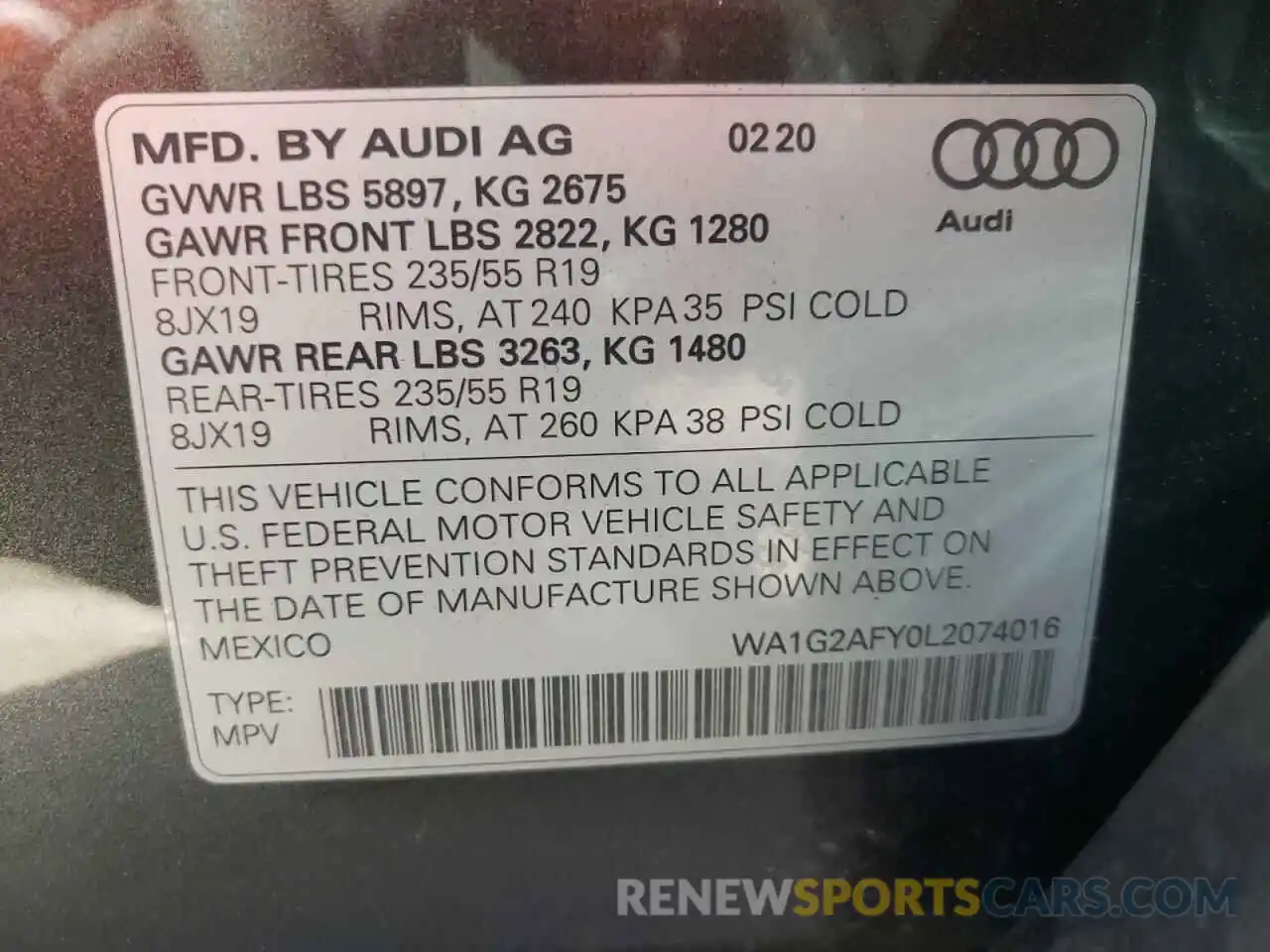 10 Photograph of a damaged car WA1G2AFY0L2074016 AUDI Q5 2020