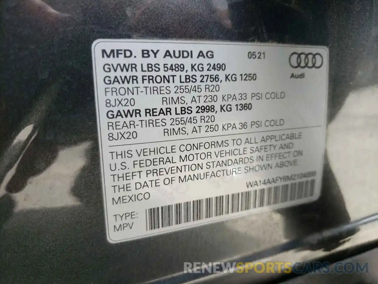 10 Photograph of a damaged car WA14AAFY6M2104899 AUDI Q5 2021