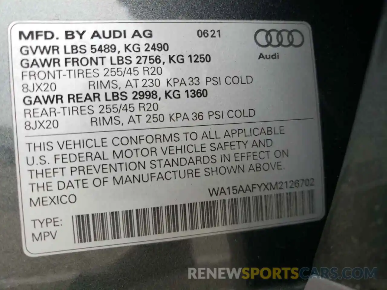 10 Фотография поврежденного автомобиля WA15AAFYXM2126702 AUDI Q5 2021