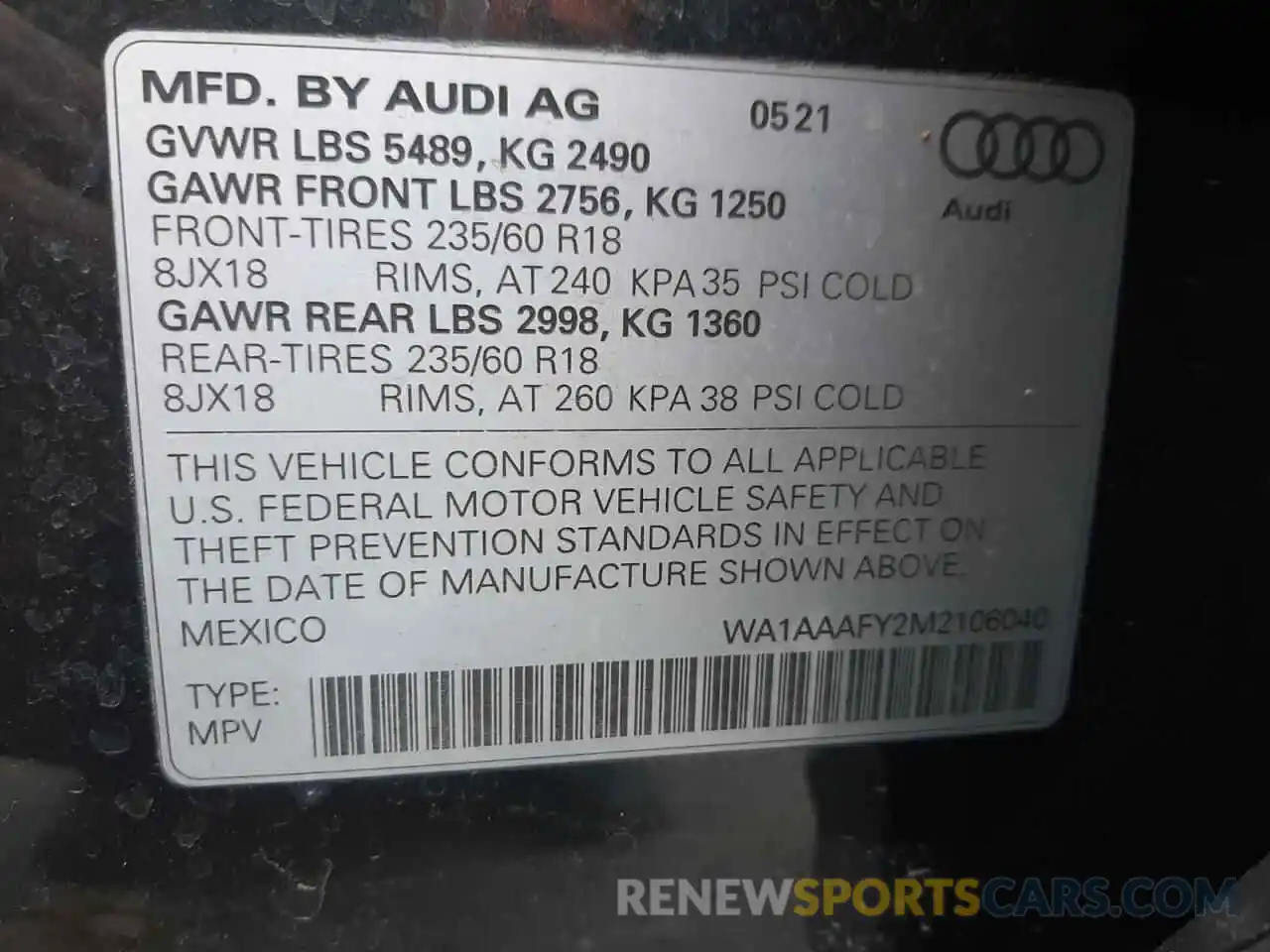 10 Photograph of a damaged car WA1AAAFY2M2106040 AUDI Q5 2021