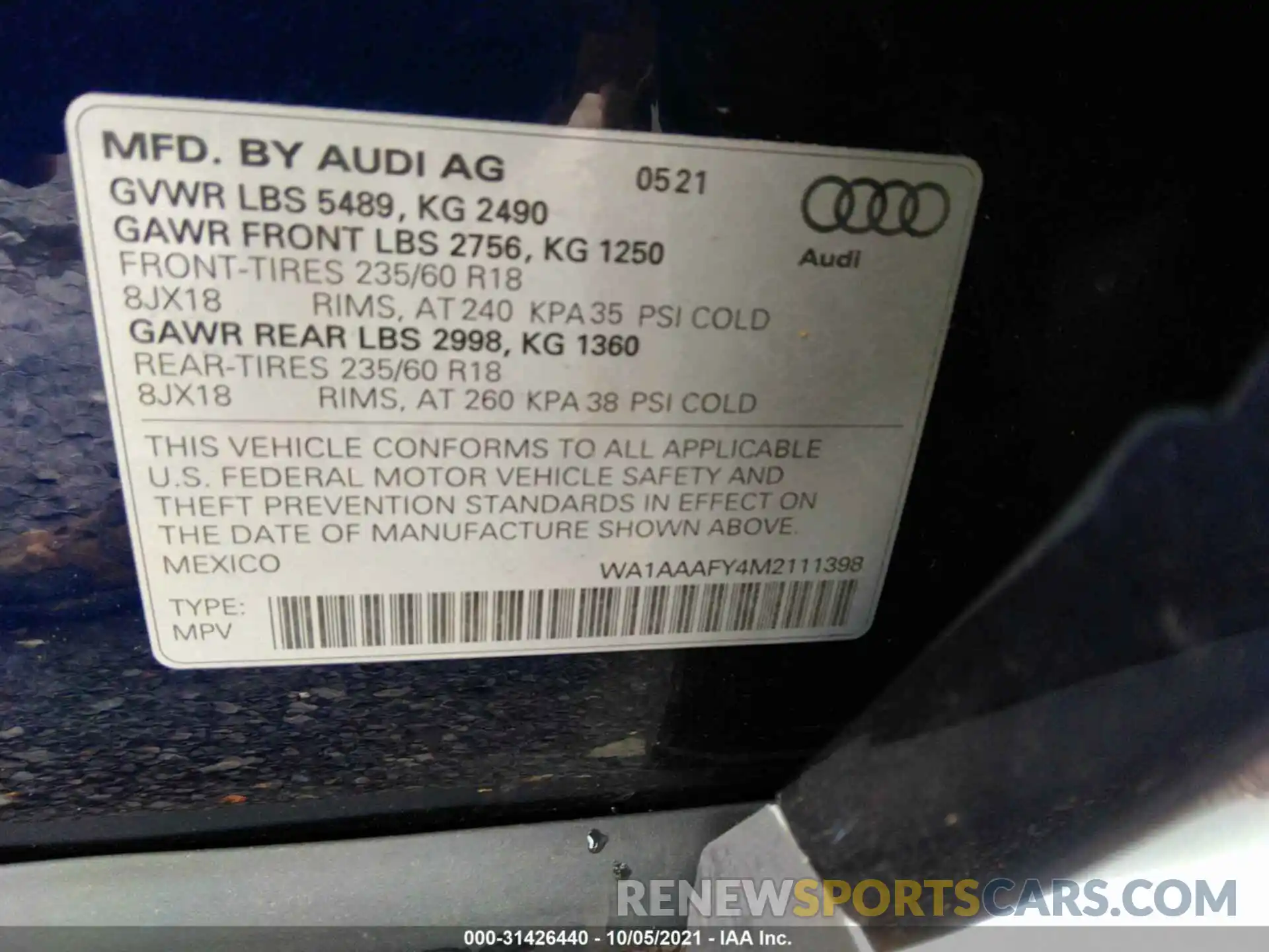 9 Фотография поврежденного автомобиля WA1AAAFY4M2111398 AUDI Q5 2021