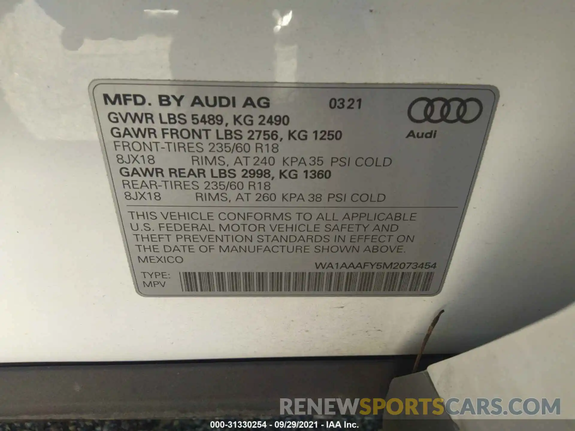 9 Фотография поврежденного автомобиля WA1AAAFY5M2073454 AUDI Q5 2021