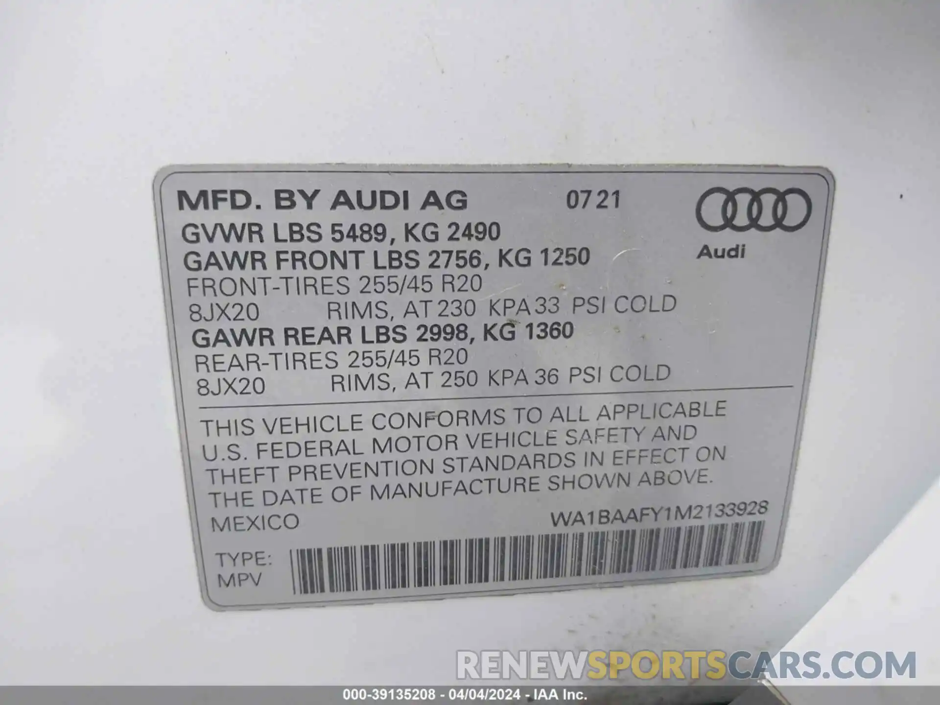 9 Photograph of a damaged car WA1BAAFY1M2133928 AUDI Q5 2021