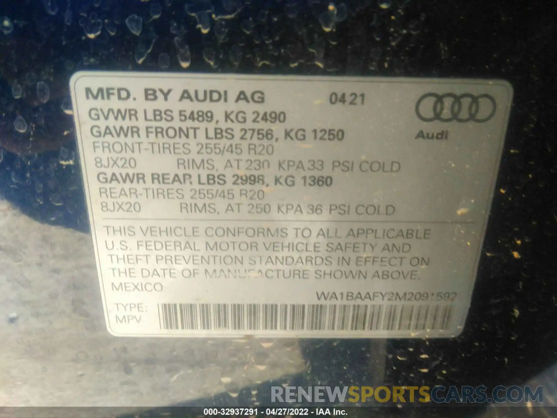 9 Photograph of a damaged car WA1BAAFY2M2091592 AUDI Q5 2021