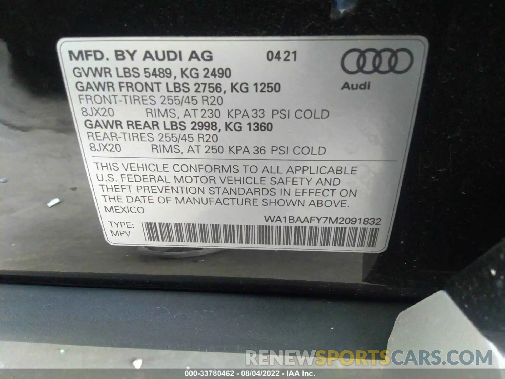 9 Фотография поврежденного автомобиля WA1BAAFY7M2091832 AUDI Q5 2021