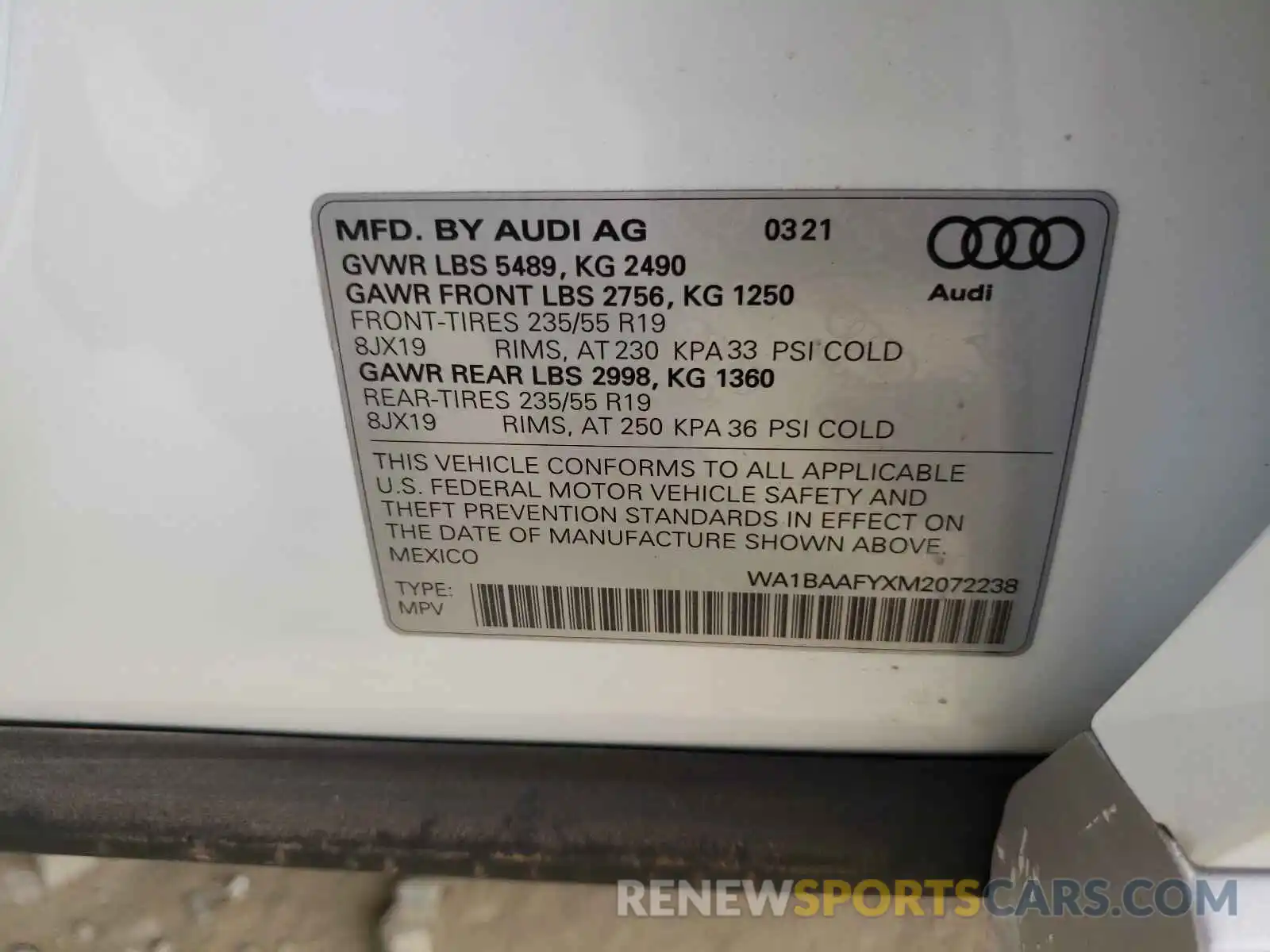 10 Фотография поврежденного автомобиля WA1BAAFYXM2072238 AUDI Q5 2021