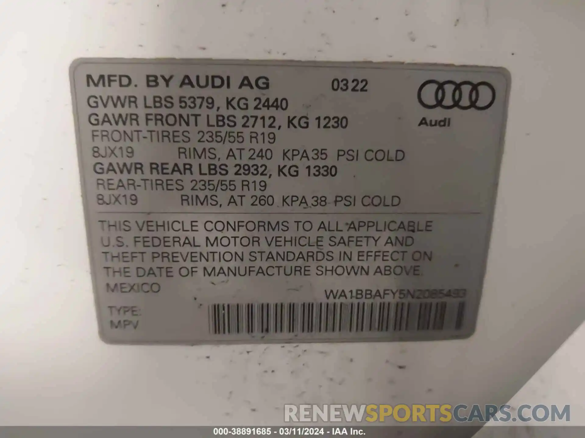 9 Photograph of a damaged car WA1BBAFY5N2085493 AUDI Q5 2022