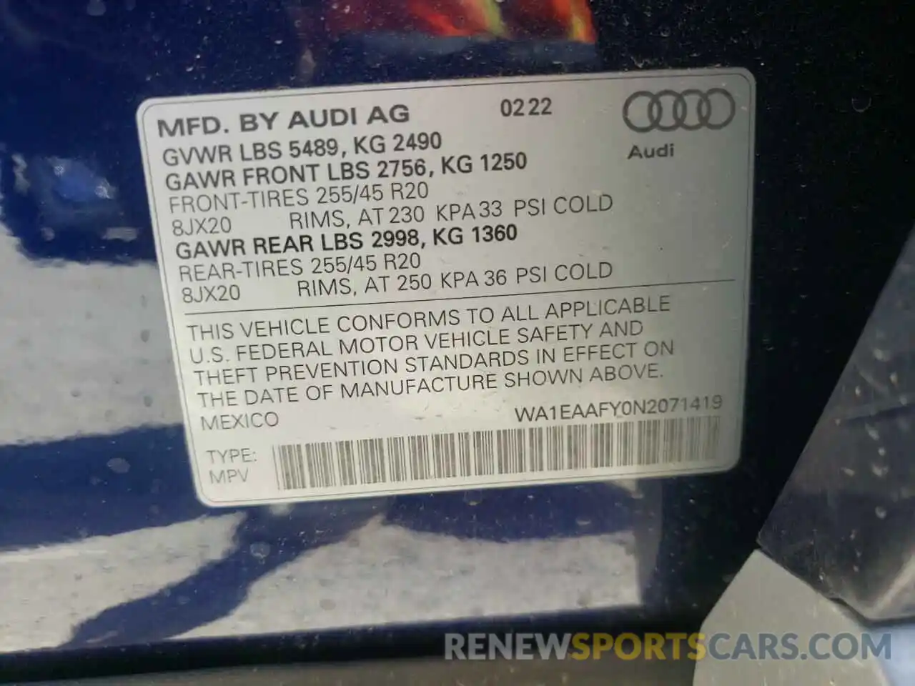 10 Photograph of a damaged car WA1EAAFY0N2071419 AUDI Q5 2022