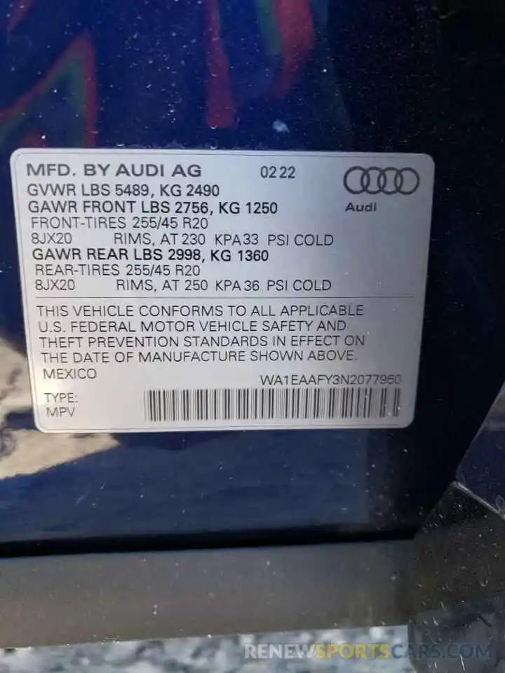 10 Фотография поврежденного автомобиля WA1EAAFY3N2077960 AUDI Q5 2022