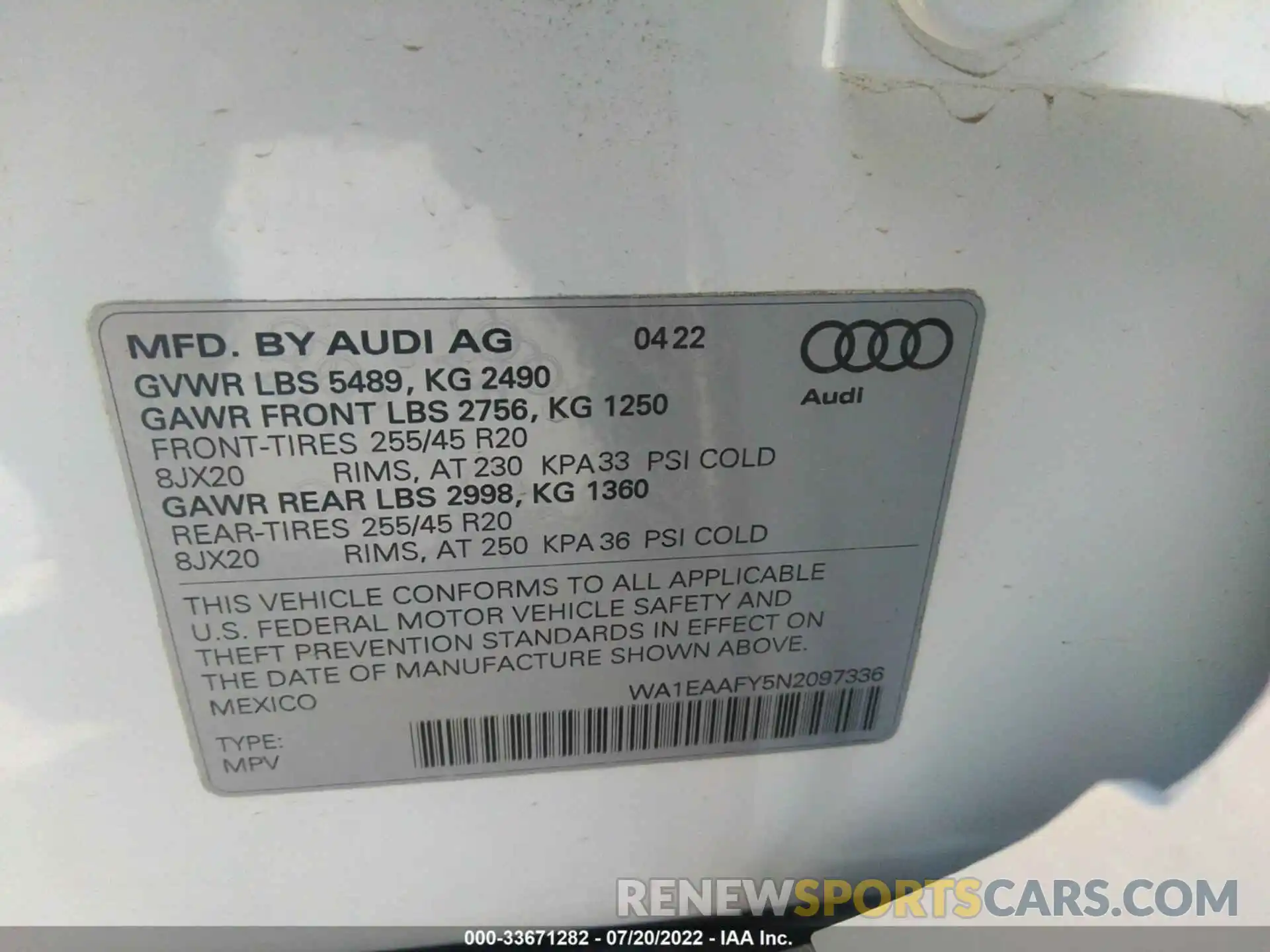 9 Фотография поврежденного автомобиля WA1EAAFY5N2097336 AUDI Q5 2022