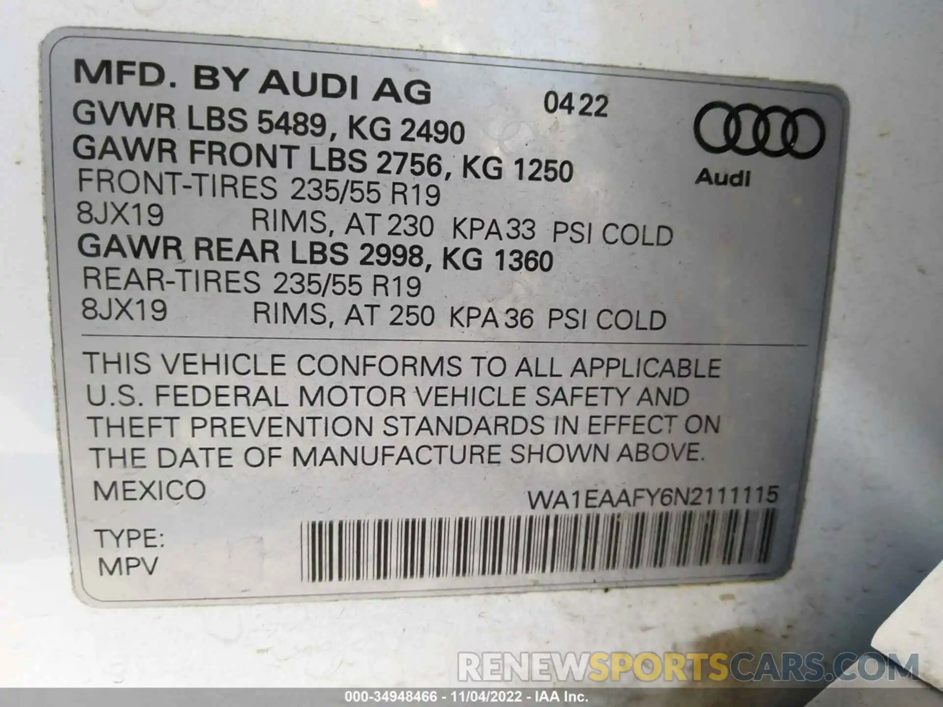 9 Photograph of a damaged car WA1EAAFY6N2111115 AUDI Q5 2022