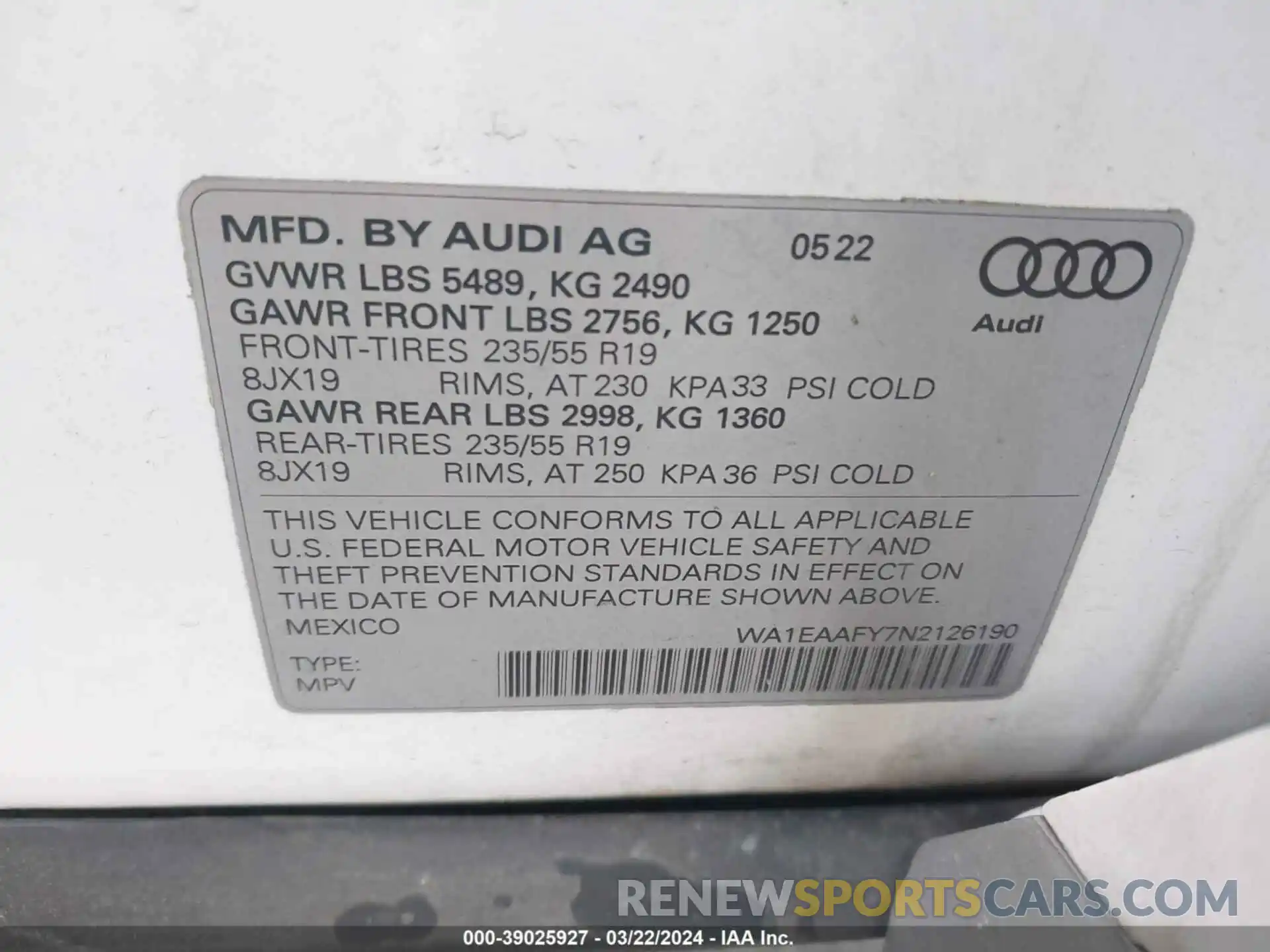 9 Photograph of a damaged car WA1EAAFY7N2126190 AUDI Q5 2022