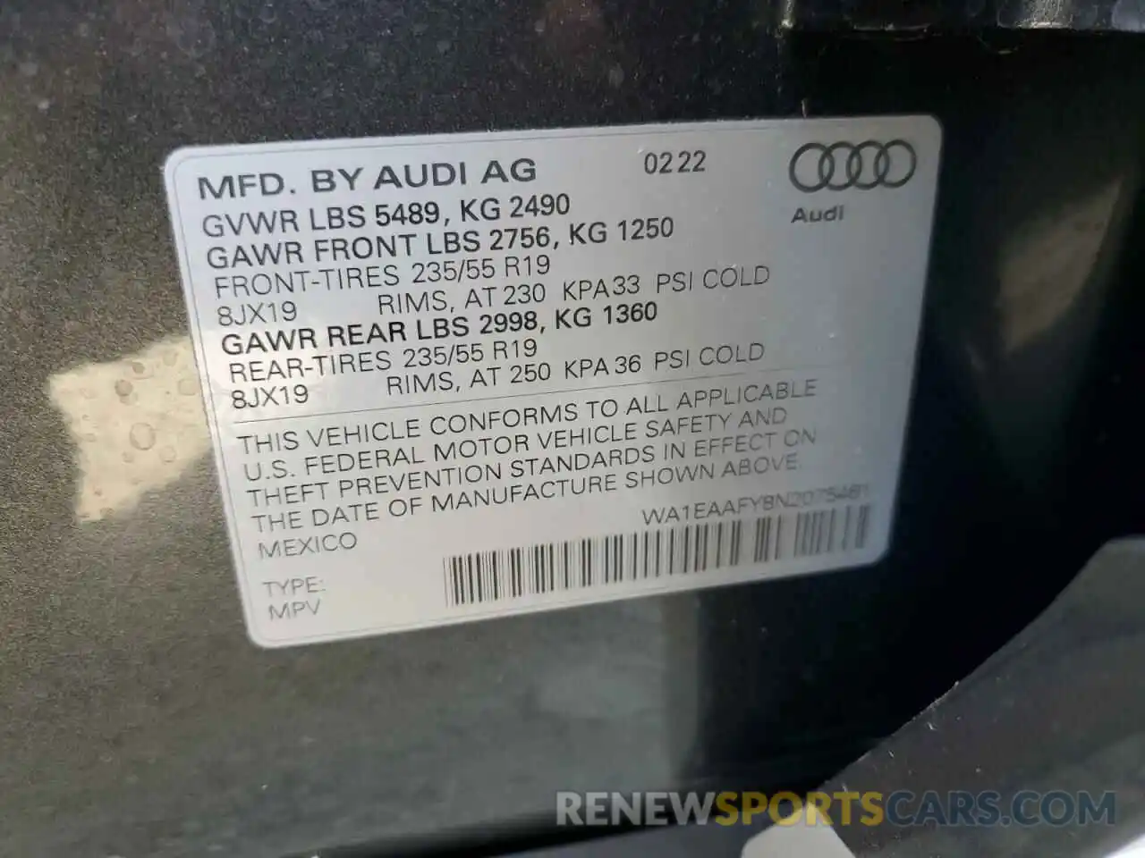 10 Фотография поврежденного автомобиля WA1EAAFY8N2075461 AUDI Q5 2022