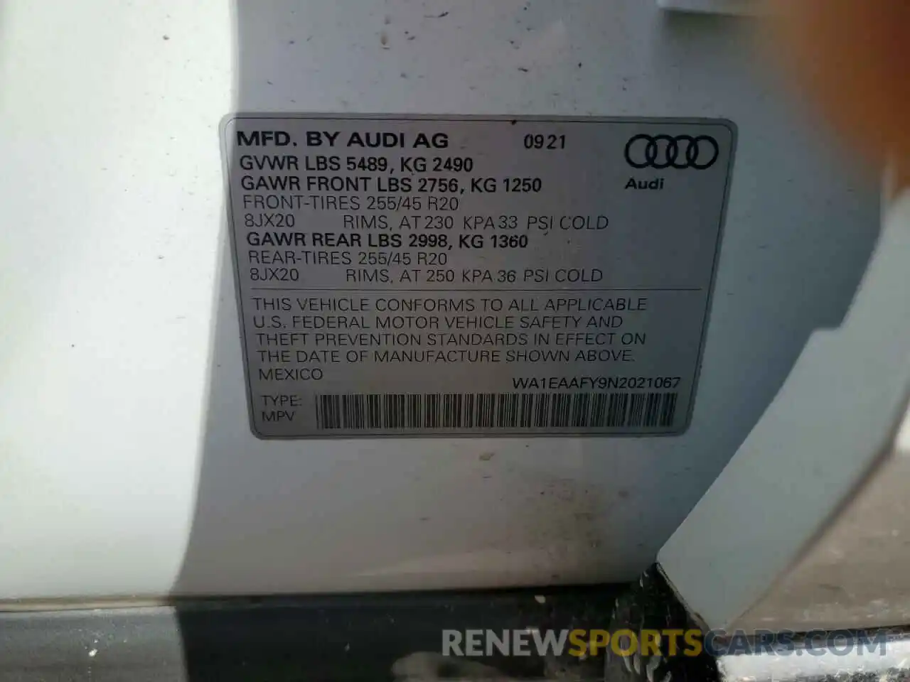 10 Photograph of a damaged car WA1EAAFY9N2021067 AUDI Q5 2022