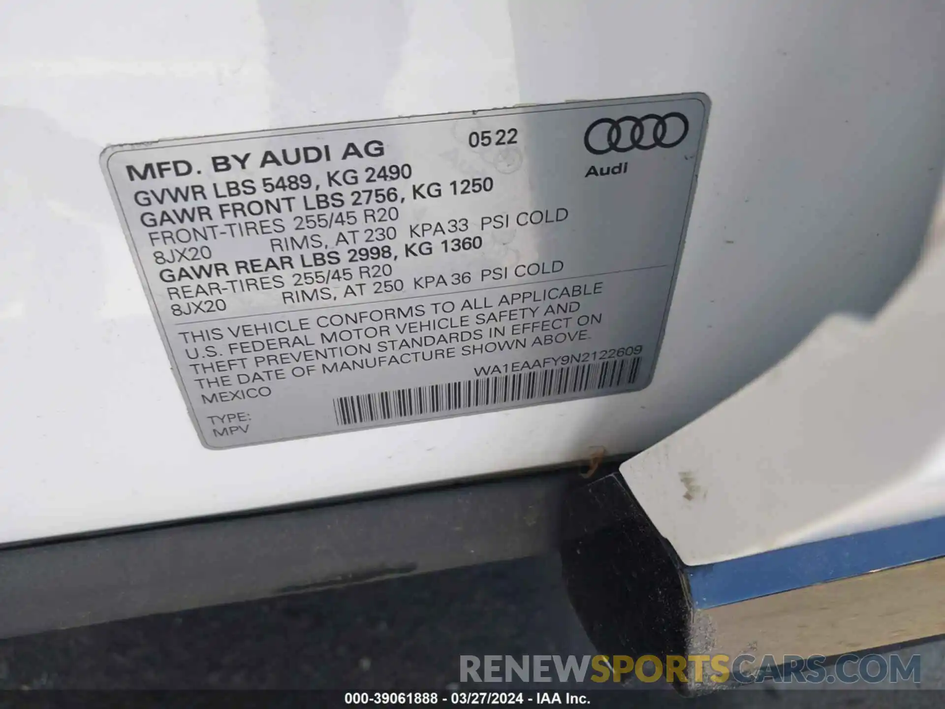 9 Фотография поврежденного автомобиля WA1EAAFY9N2122609 AUDI Q5 2022