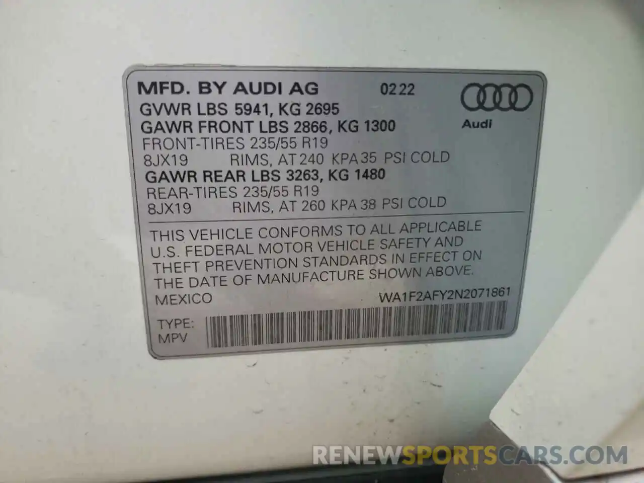 10 Photograph of a damaged car WA1F2AFY2N2071861 AUDI Q5 2022