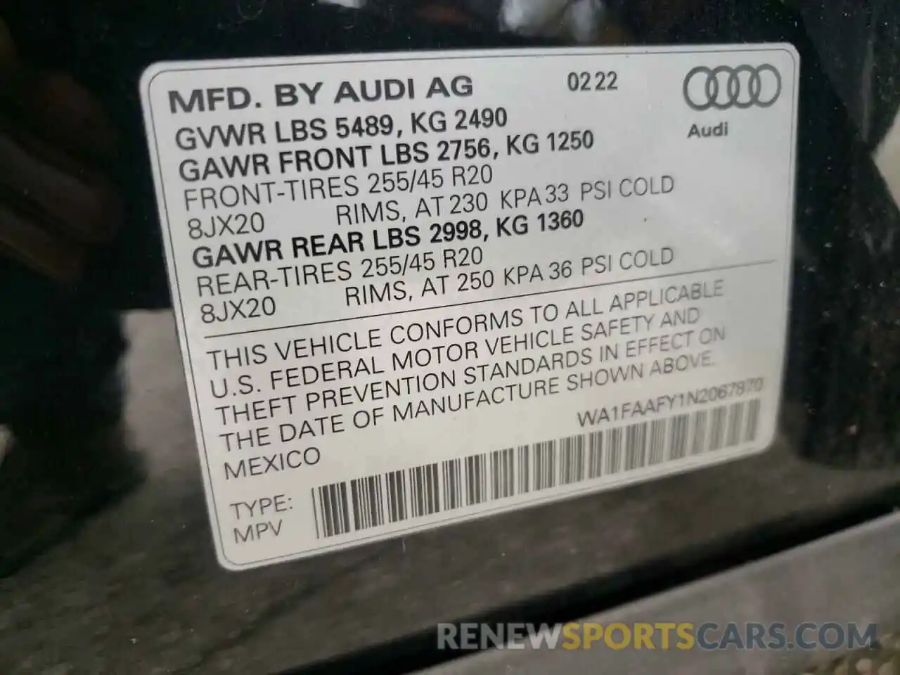 10 Фотография поврежденного автомобиля WA1FAAFY1N2067870 AUDI Q5 2022