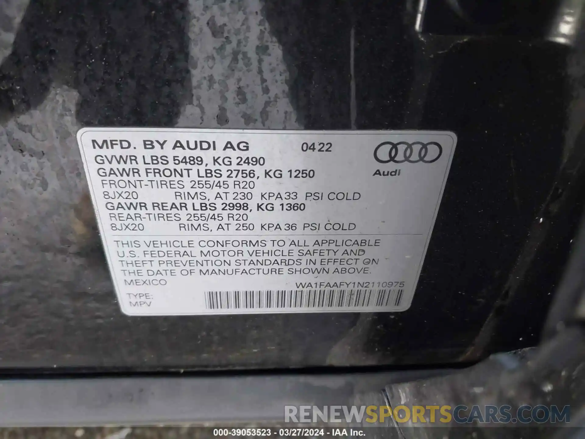 9 Фотография поврежденного автомобиля WA1FAAFY1N2110975 AUDI Q5 2022