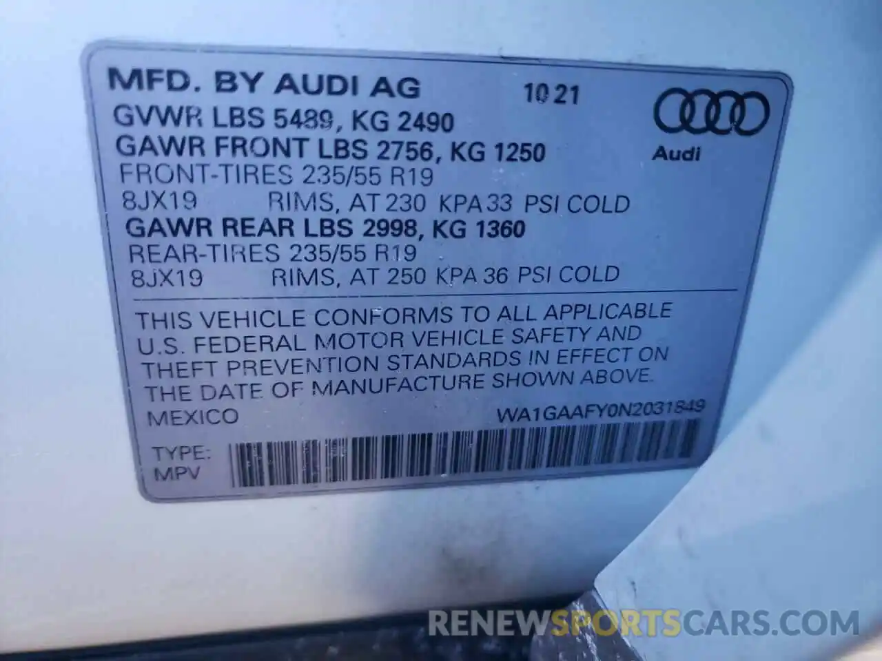 10 Photograph of a damaged car WA1GAAFY0N2031849 AUDI Q5 2022