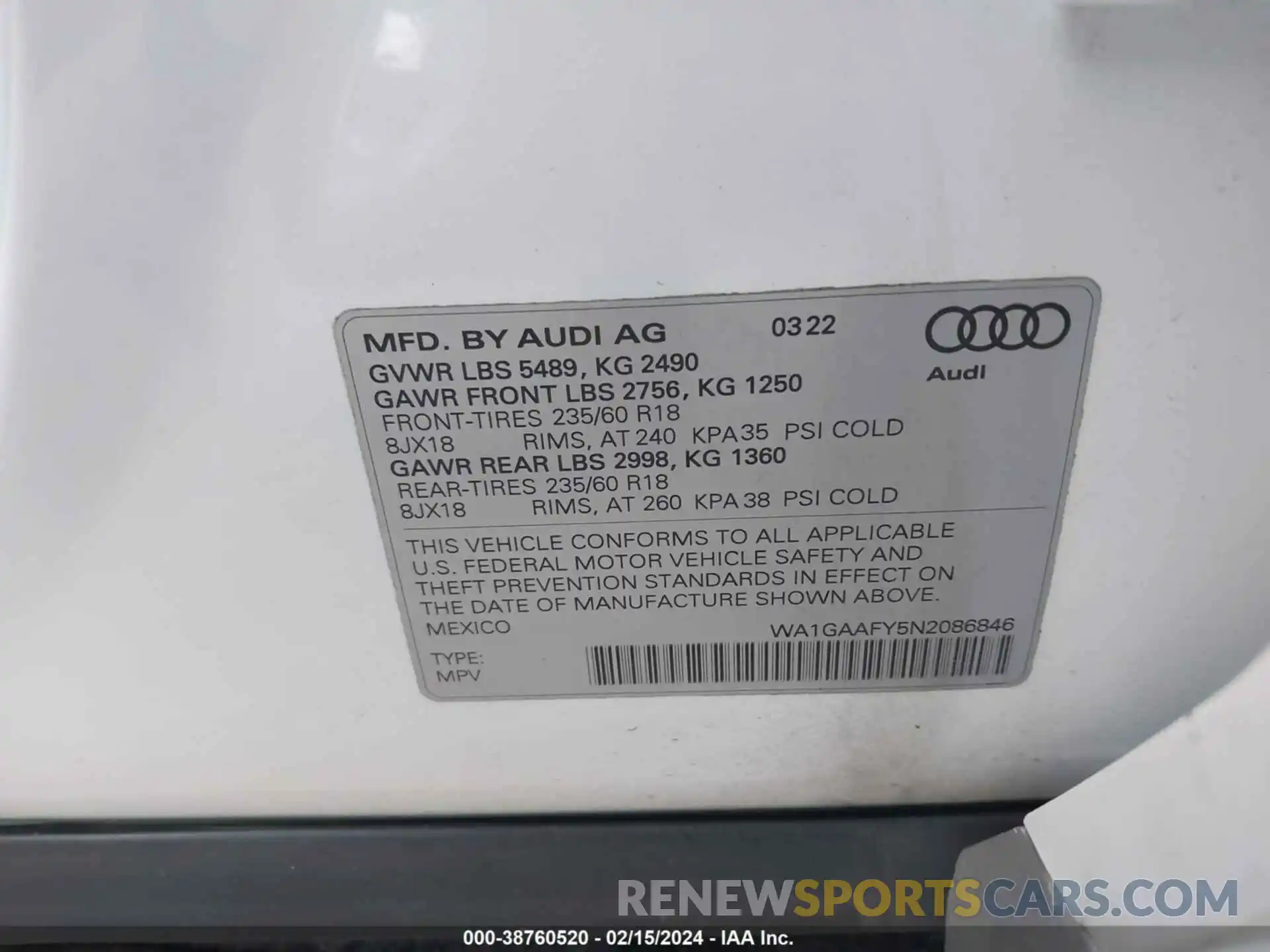 9 Фотография поврежденного автомобиля WA1GAAFY5N2086846 AUDI Q5 2022