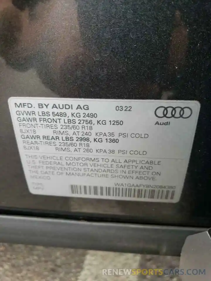 10 Фотография поврежденного автомобиля WA1GAAFY8N2084380 AUDI Q5 2022