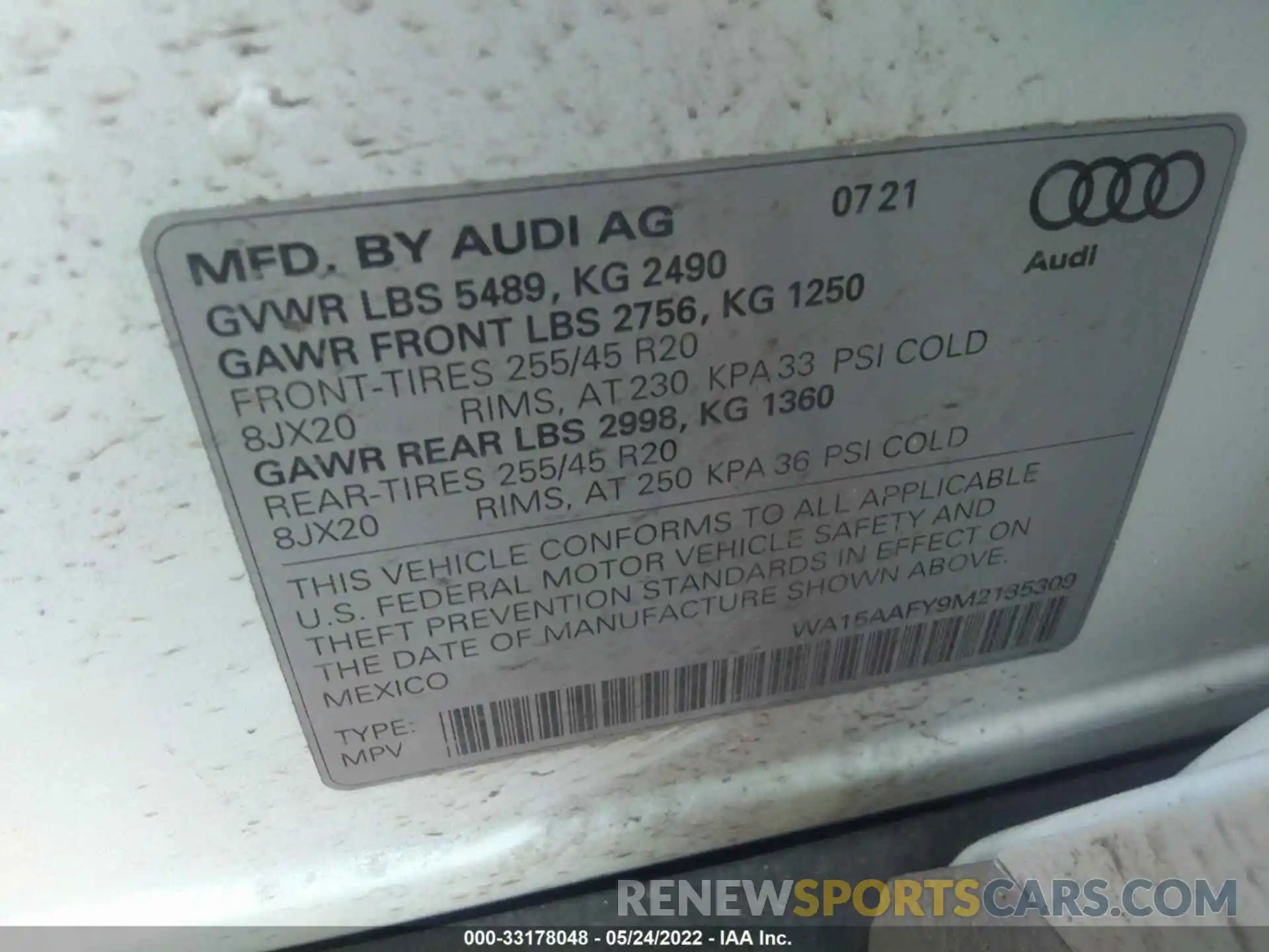 9 Photograph of a damaged car WA15AAFY9M2135309 AUDI Q5 SPORTBACK 2021