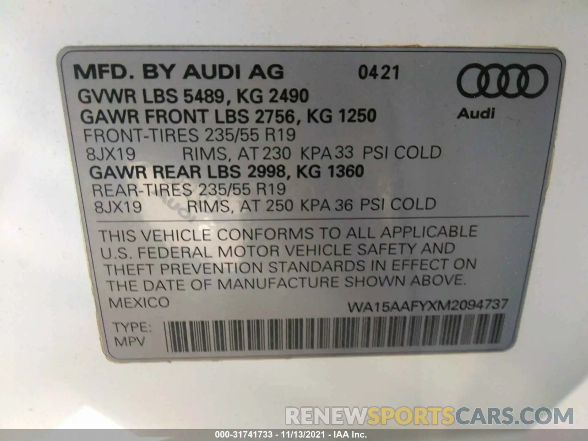 9 Photograph of a damaged car WA15AAFYXM2094737 AUDI Q5 SPORTBACK 2021