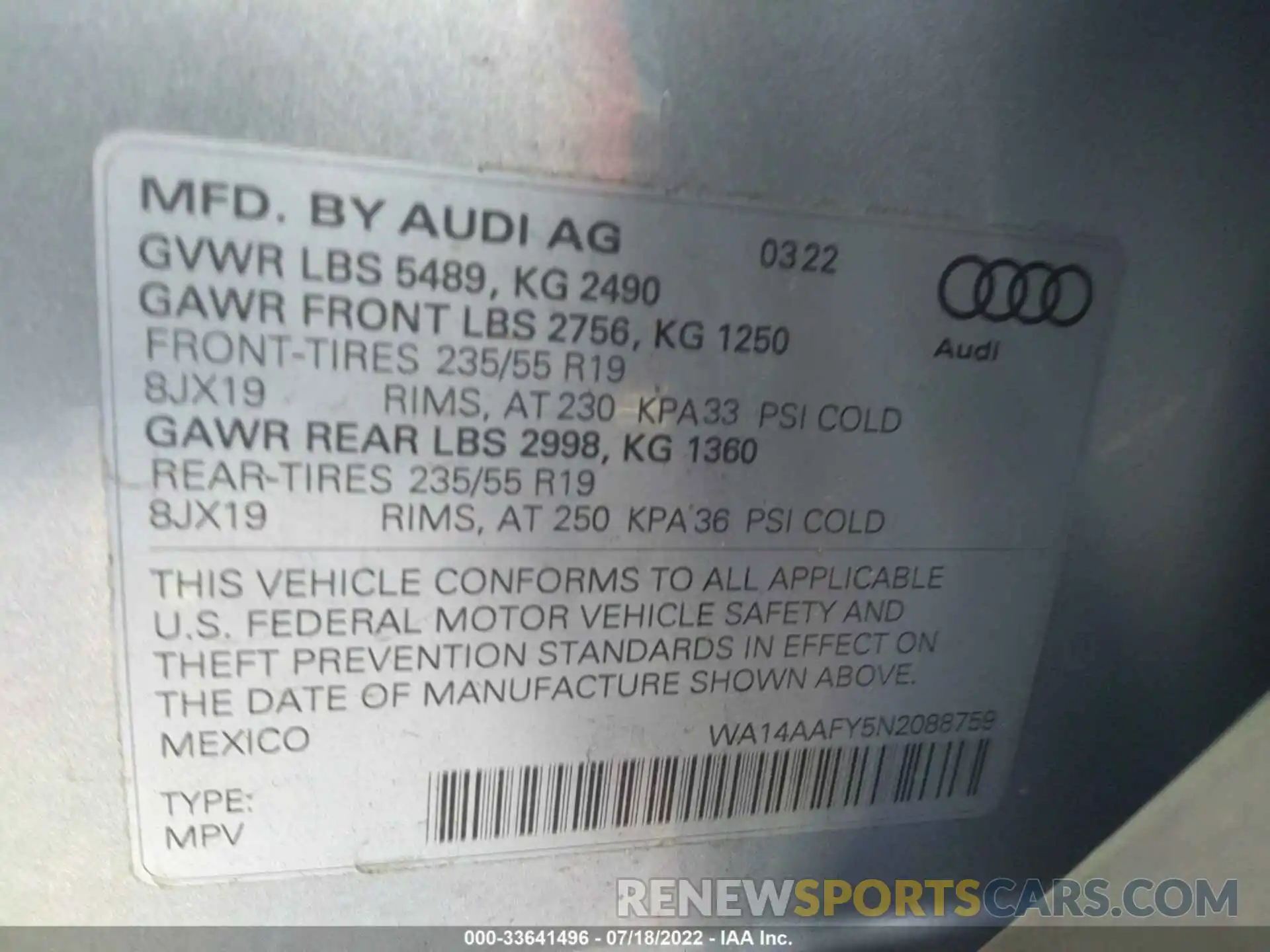 9 Photograph of a damaged car WA14AAFY5N2088759 AUDI Q5 SPORTBACK 2022