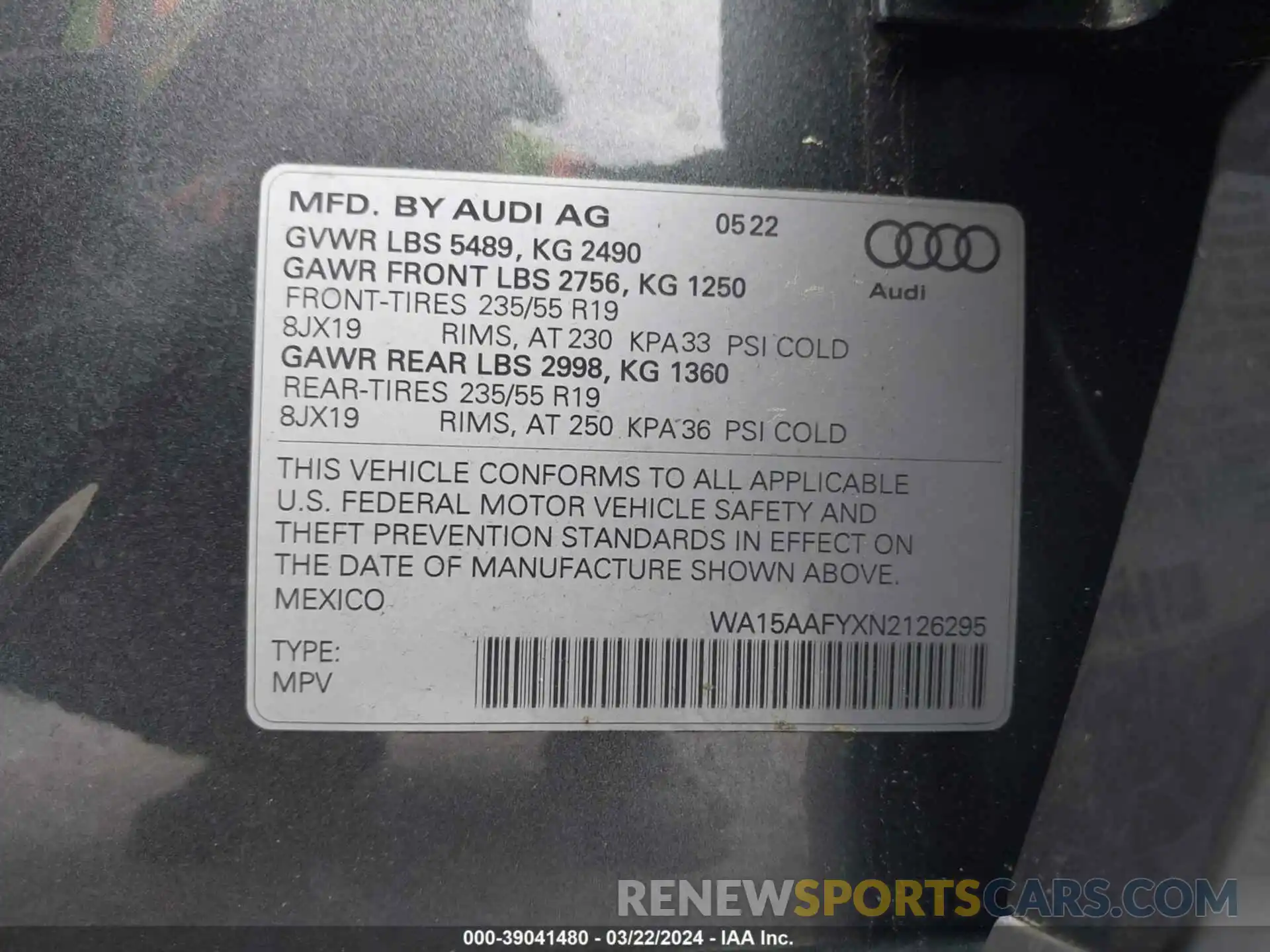 9 Фотография поврежденного автомобиля WA15AAFYXN2126295 AUDI Q5 SPORTBACK 2022