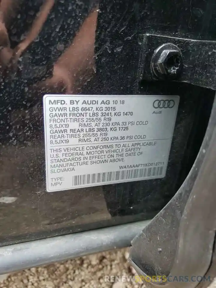 10 Photograph of a damaged car WA1AAAF71KD012711 AUDI Q7 2019