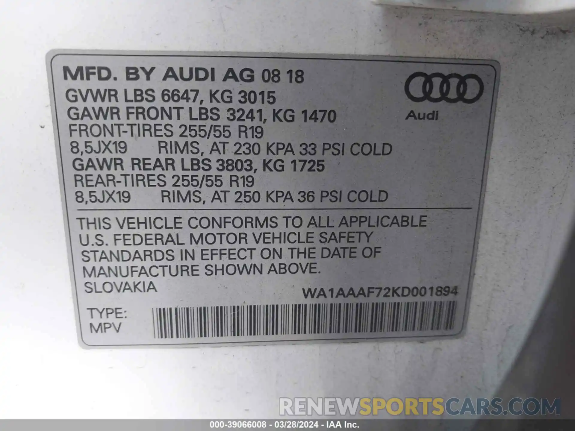 9 Фотография поврежденного автомобиля WA1AAAF72KD001894 AUDI Q7 2019