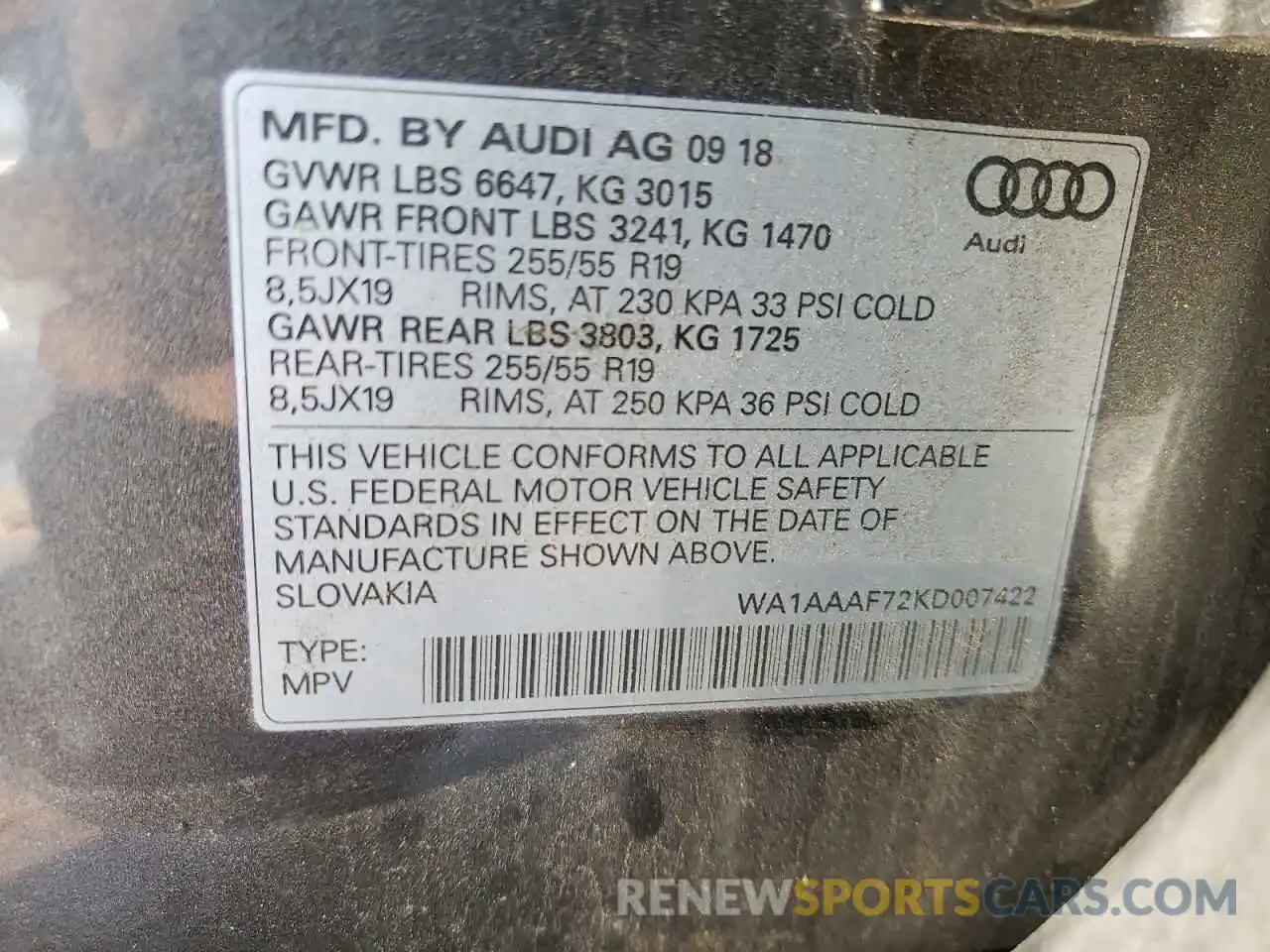 10 Photograph of a damaged car WA1AAAF72KD007422 AUDI Q7 2019