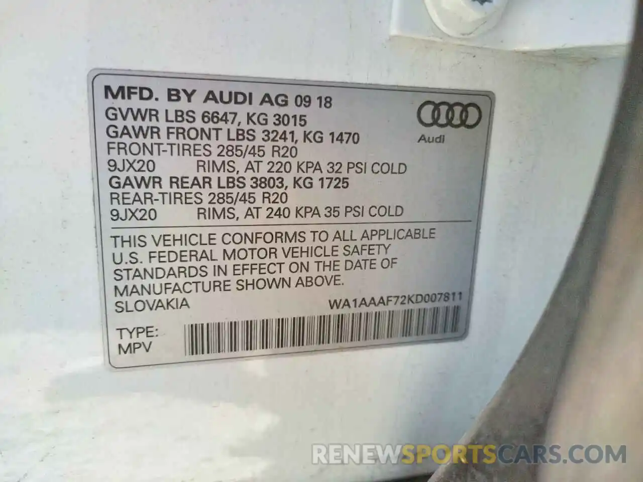 10 Photograph of a damaged car WA1AAAF72KD007811 AUDI Q7 2019