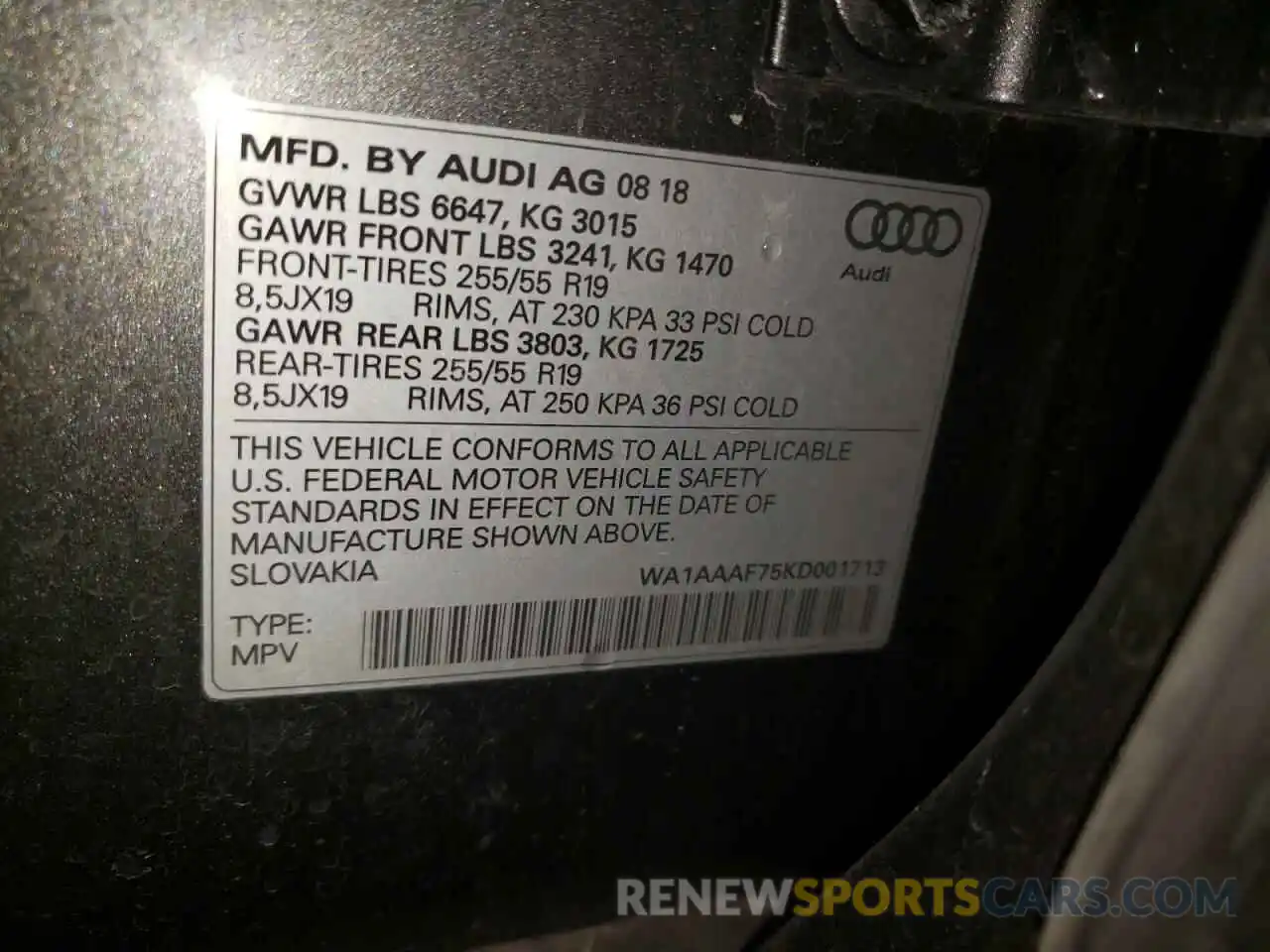 10 Photograph of a damaged car WA1AAAF75KD001713 AUDI Q7 2019