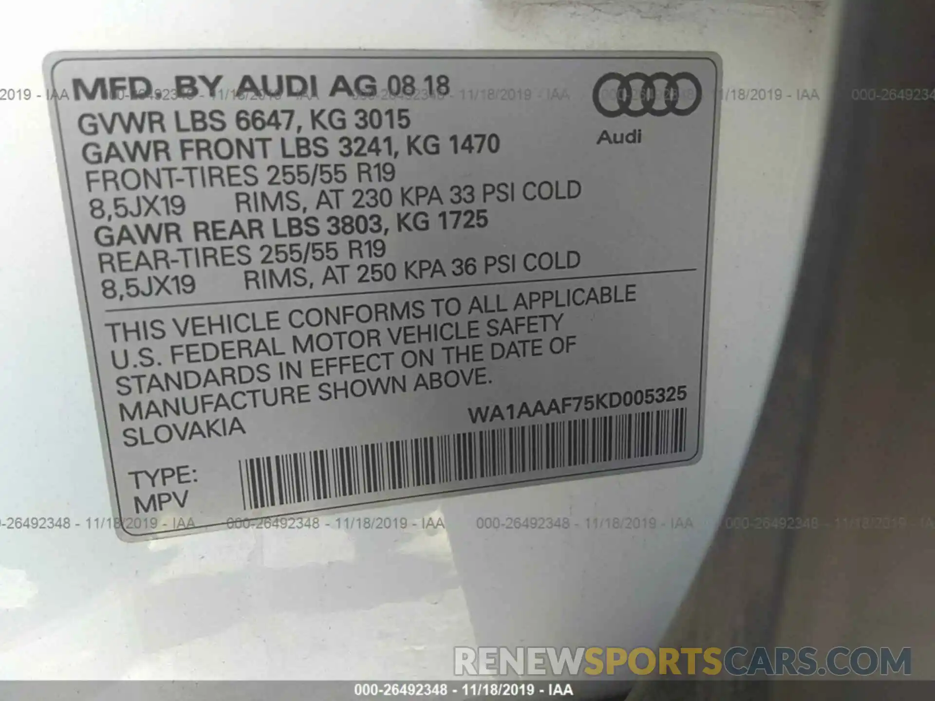 9 Фотография поврежденного автомобиля WA1AAAF75KD005325 AUDI Q7 2019