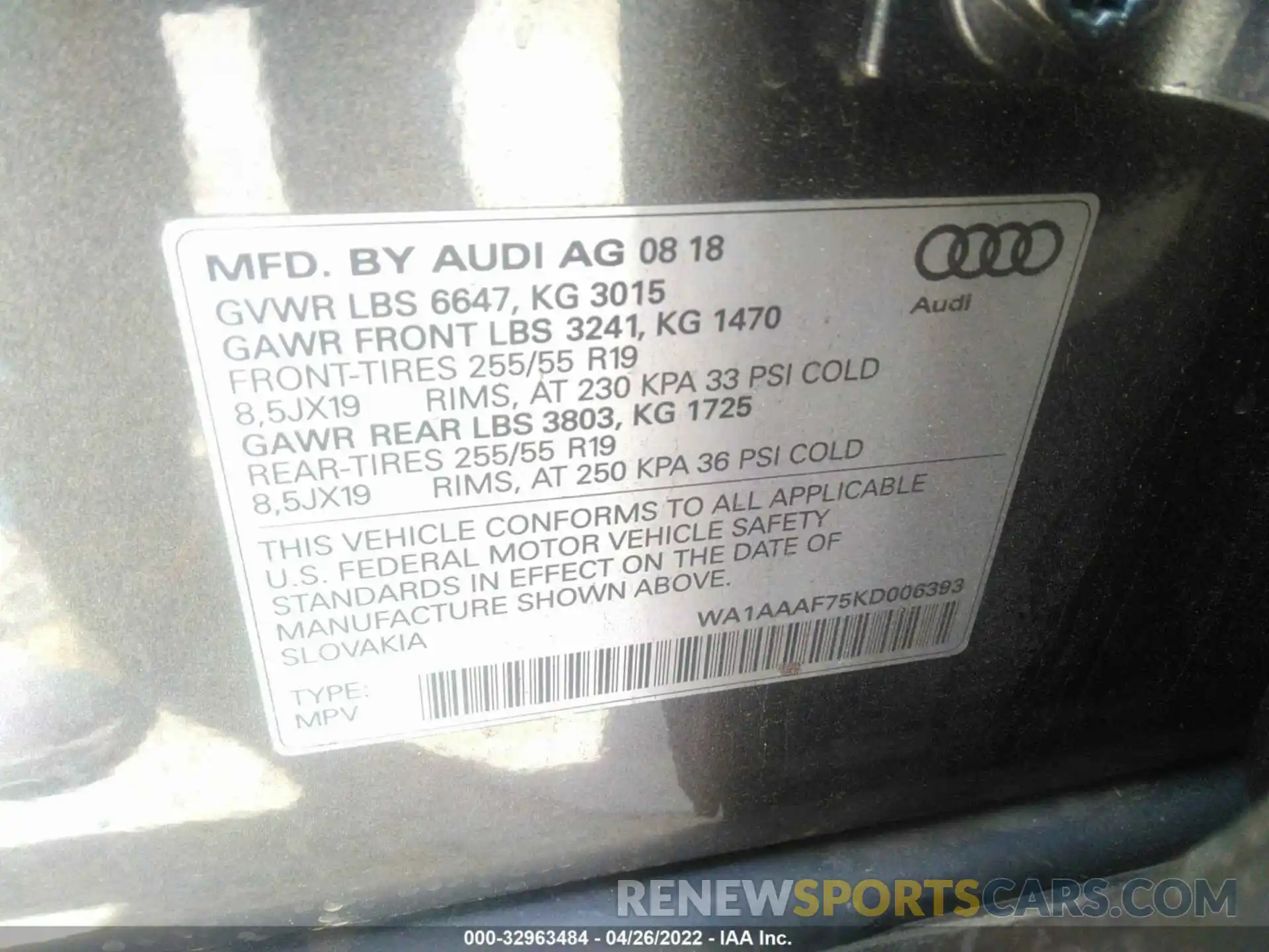 9 Фотография поврежденного автомобиля WA1AAAF75KD006393 AUDI Q7 2019