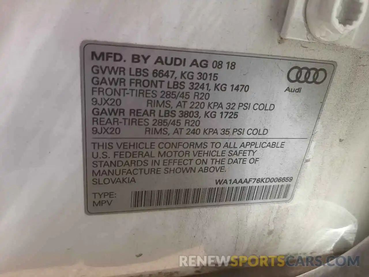 10 Photograph of a damaged car WA1AAAF76KD006659 AUDI Q7 2019