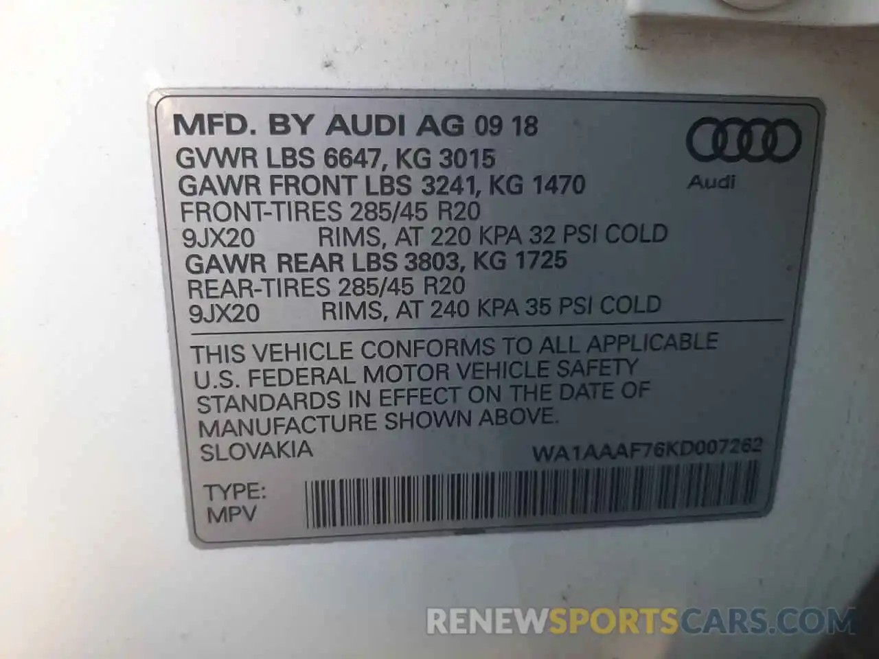 10 Фотография поврежденного автомобиля WA1AAAF76KD007262 AUDI Q7 2019