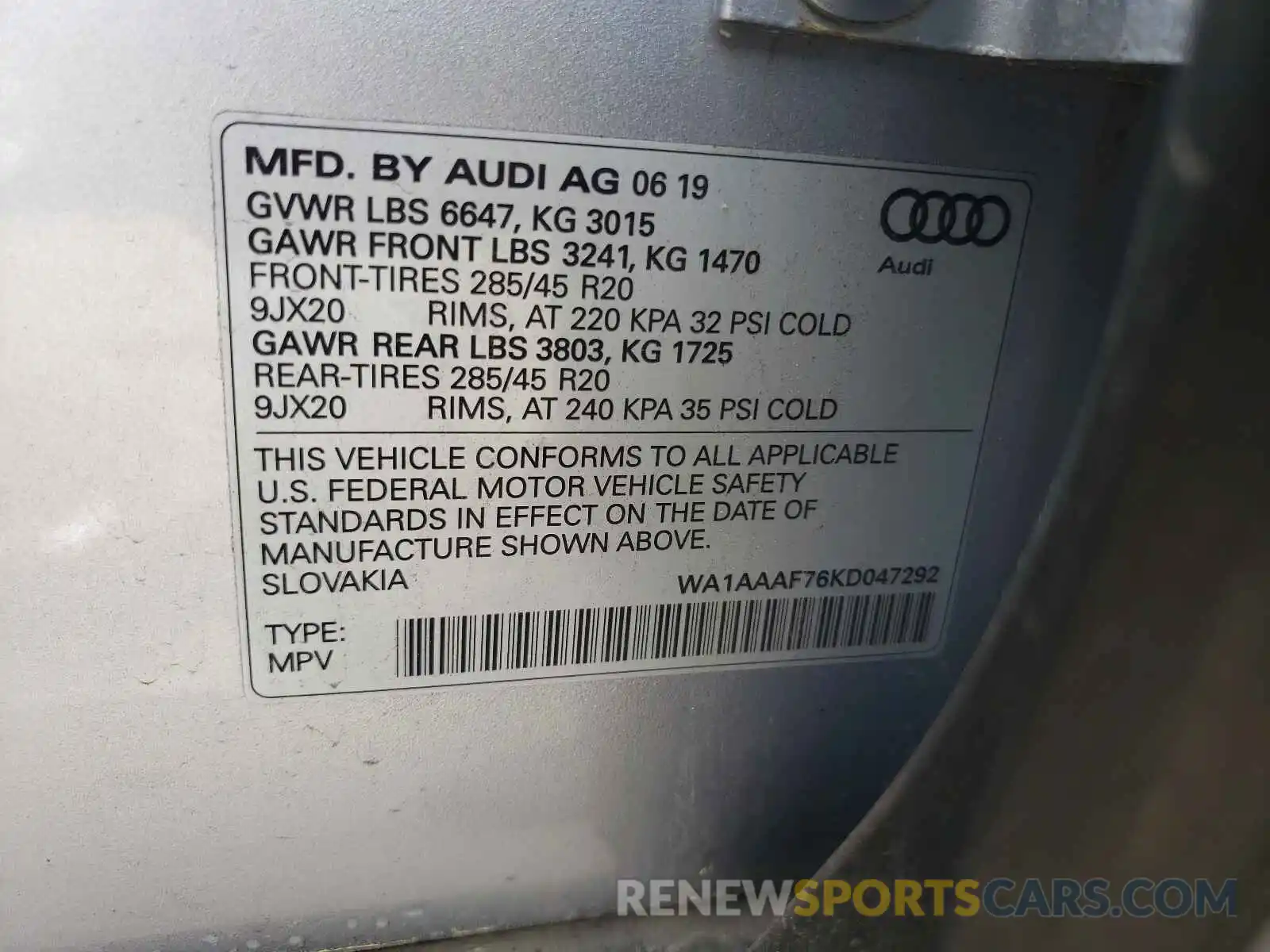 10 Фотография поврежденного автомобиля WA1AAAF76KD047292 AUDI Q7 2019